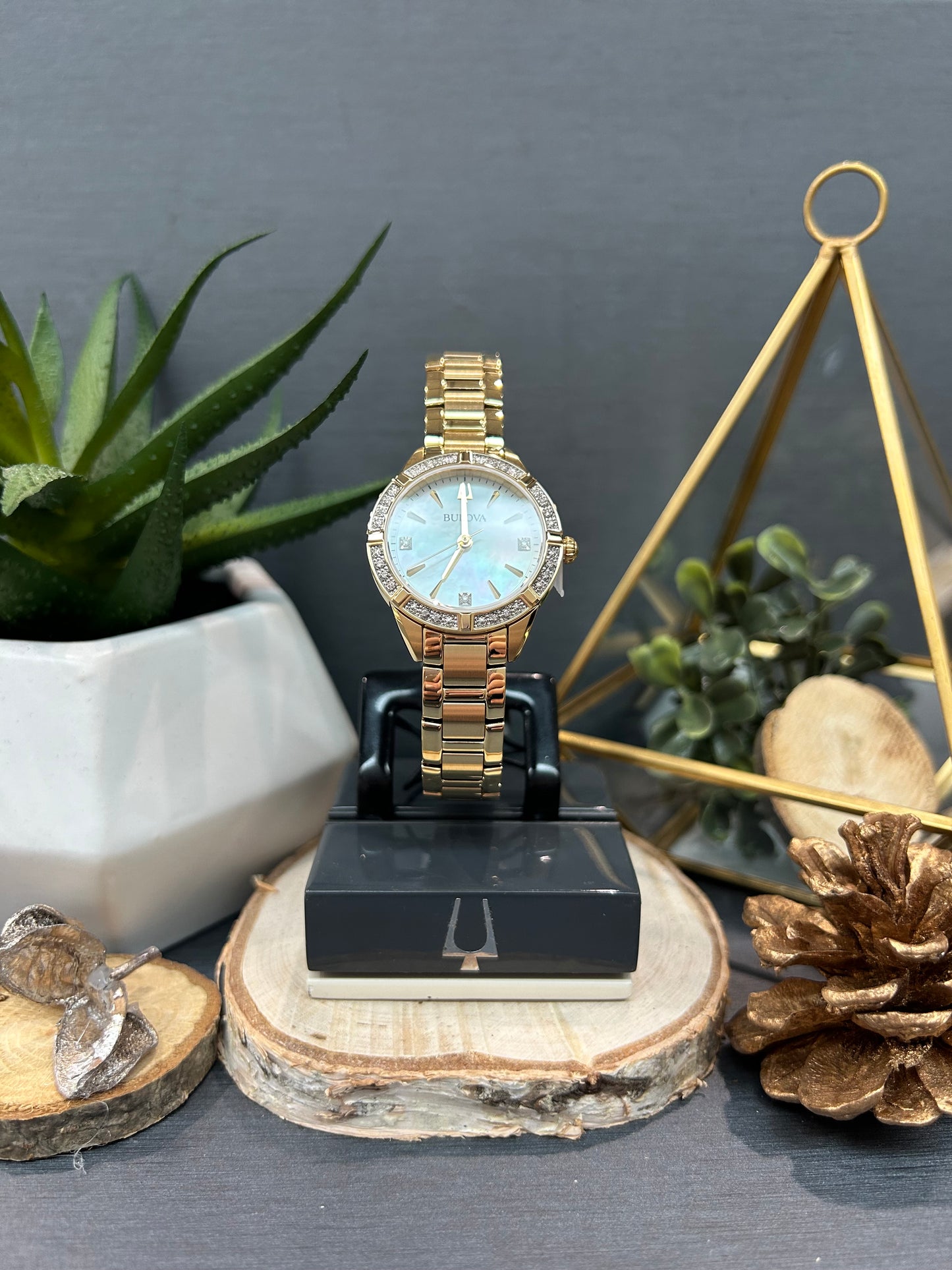 Women's Bulova Mother of Pearl Diamond Watch Face with Metal Band