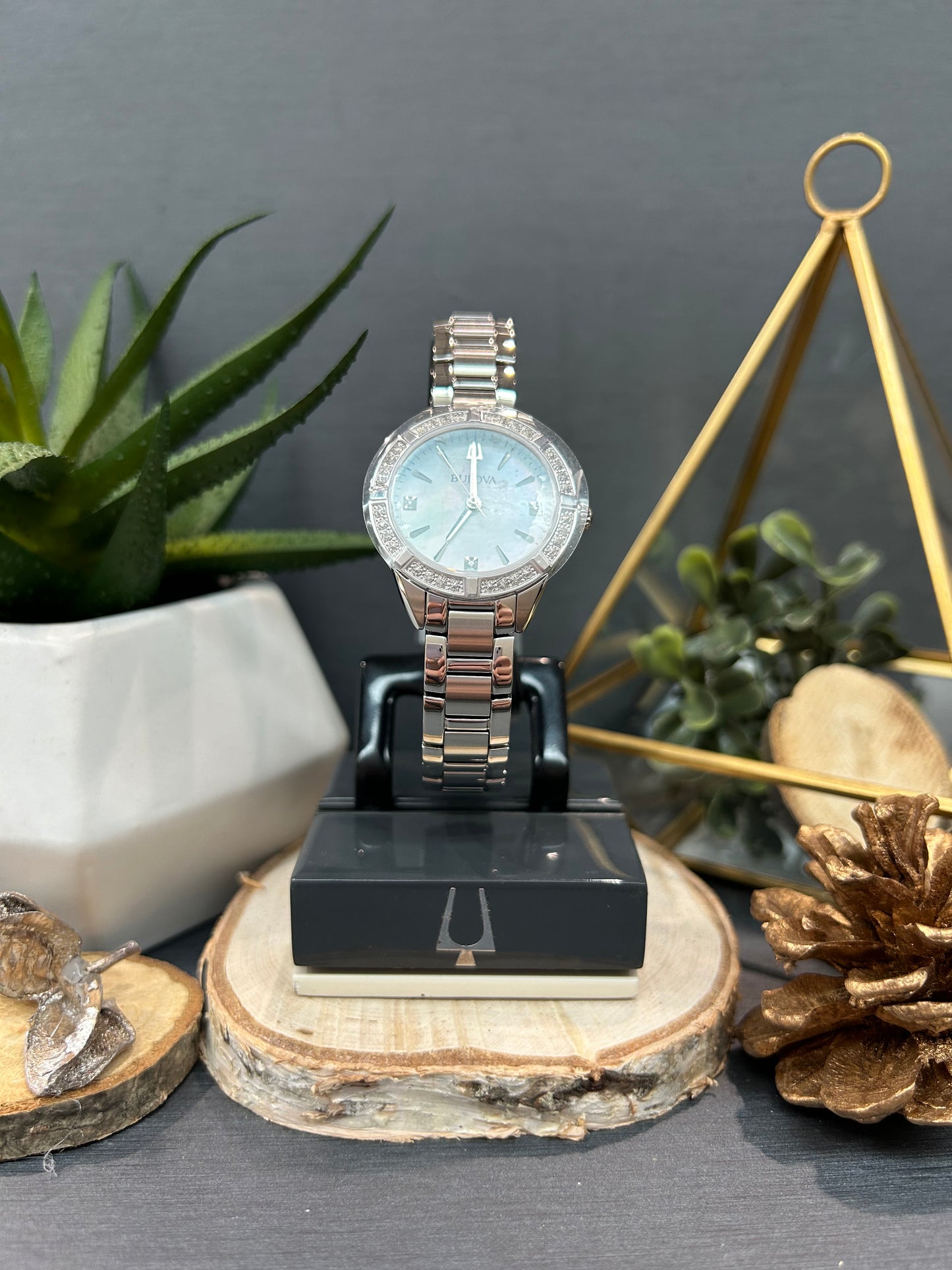 Women's Bulova Mother of Pearl Diamond Watch Face with Metal Band