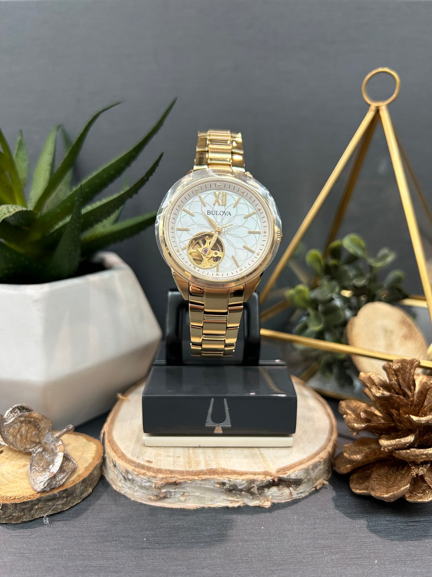 Women's Bulova Automatic Gold Tone Gear Watch with Metal Band