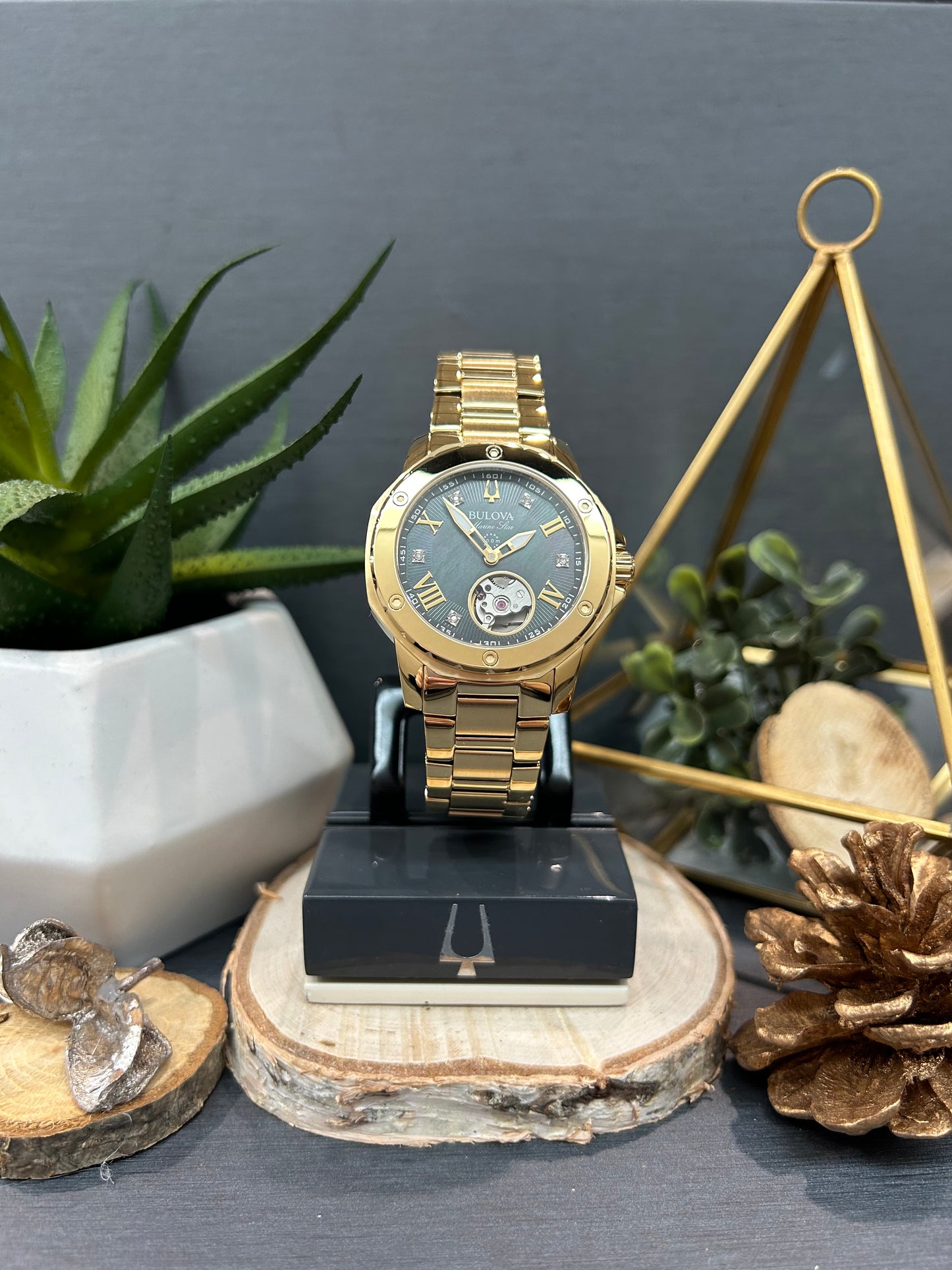 Women's Bulova Automatic Gold Tone Diamond Gear Watch with Metal Band