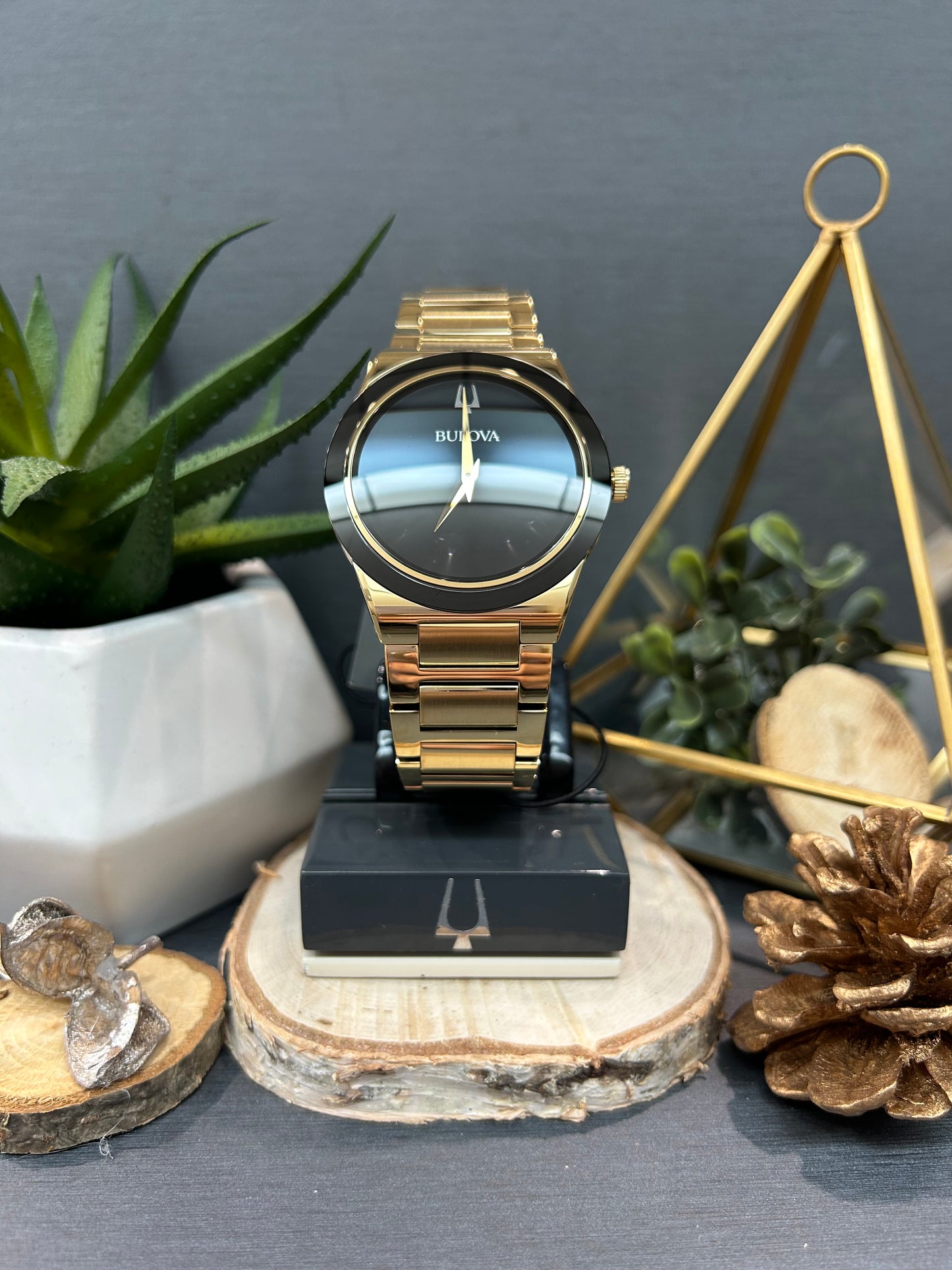 Men's Bulova Gold Dial Plain Black Face Watch with Metal Band