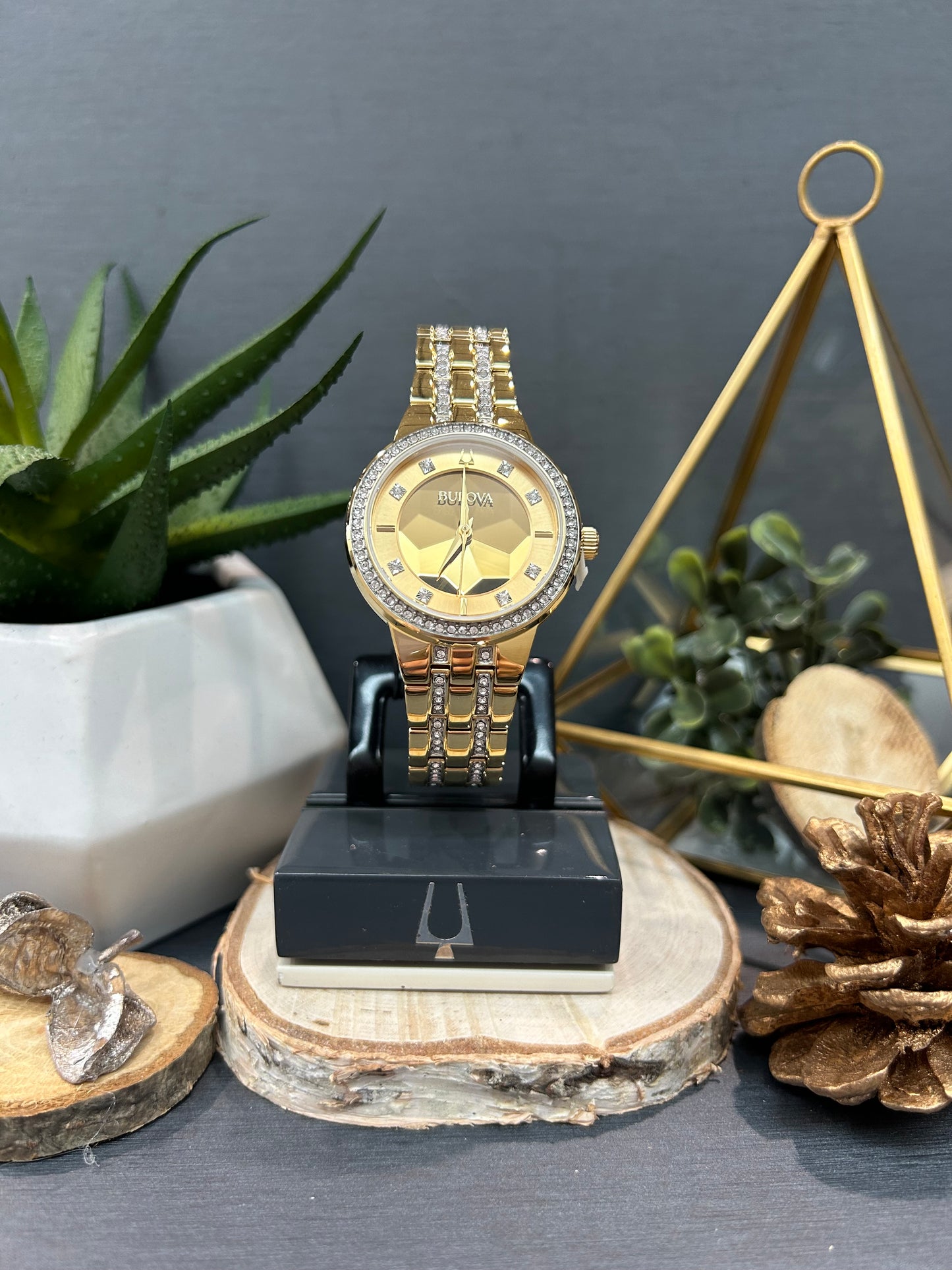 Women's Bulova Hammered Diamond Watch Face with Metal Band