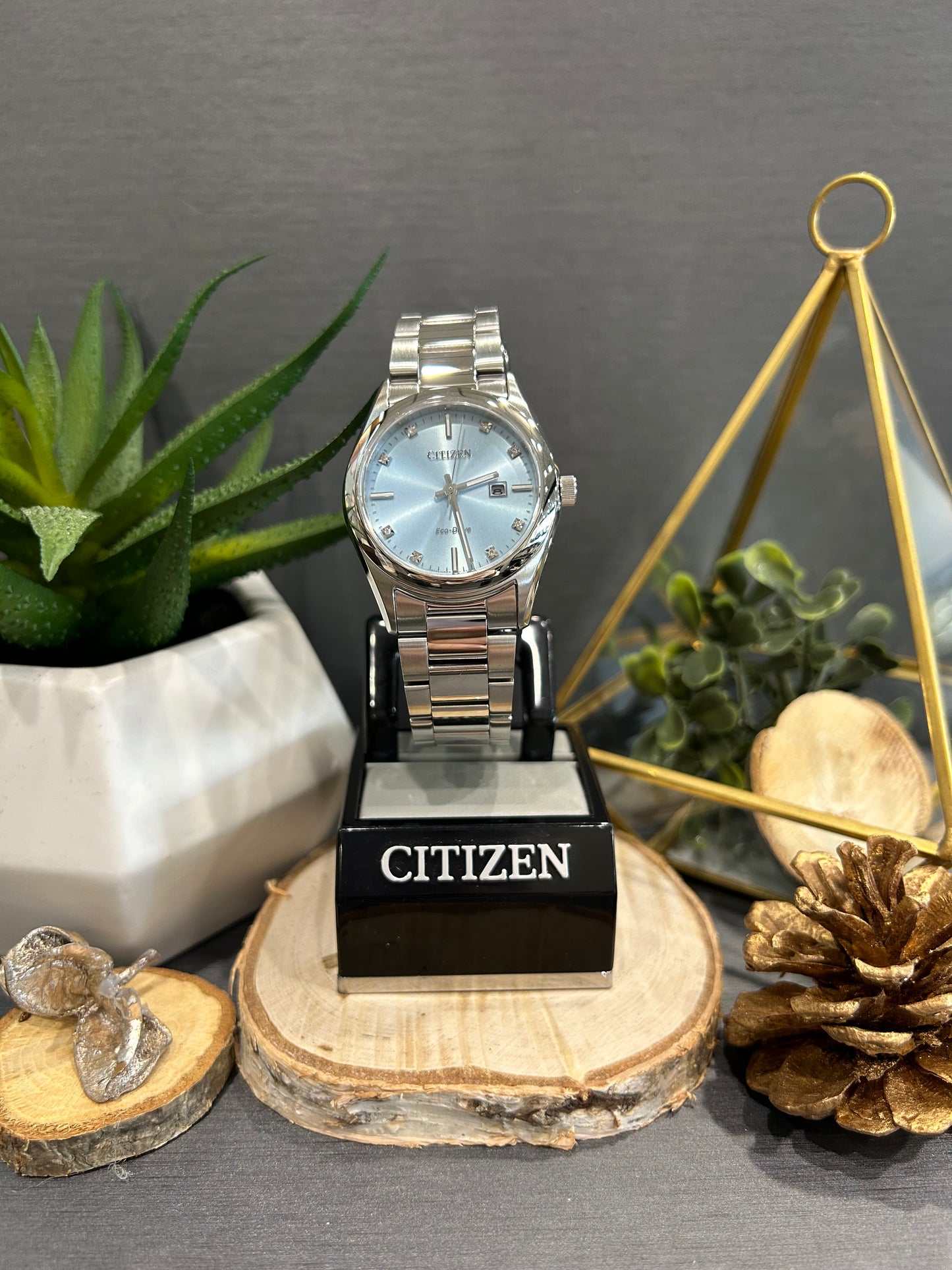 Women's Citizen Eco Drive Diamond Blue Watch Face with Metal Band