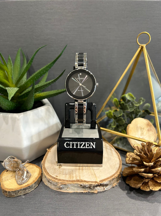 Women's Citizen Eco Drive Plain Black Diamond Watch Face with Metal Band