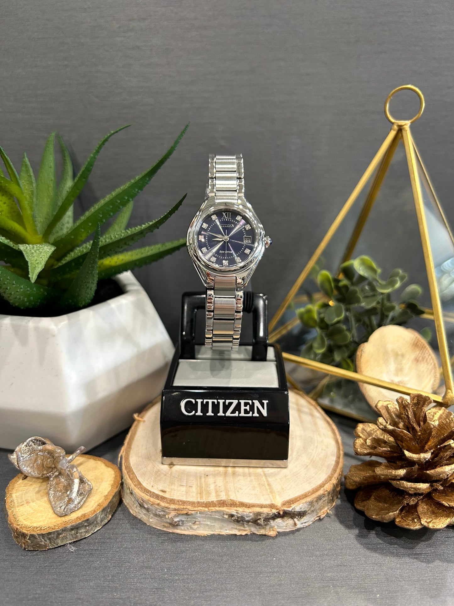 Women's Citizen Eco Drive Navy Blue Crystal Watch Face with Metal Band