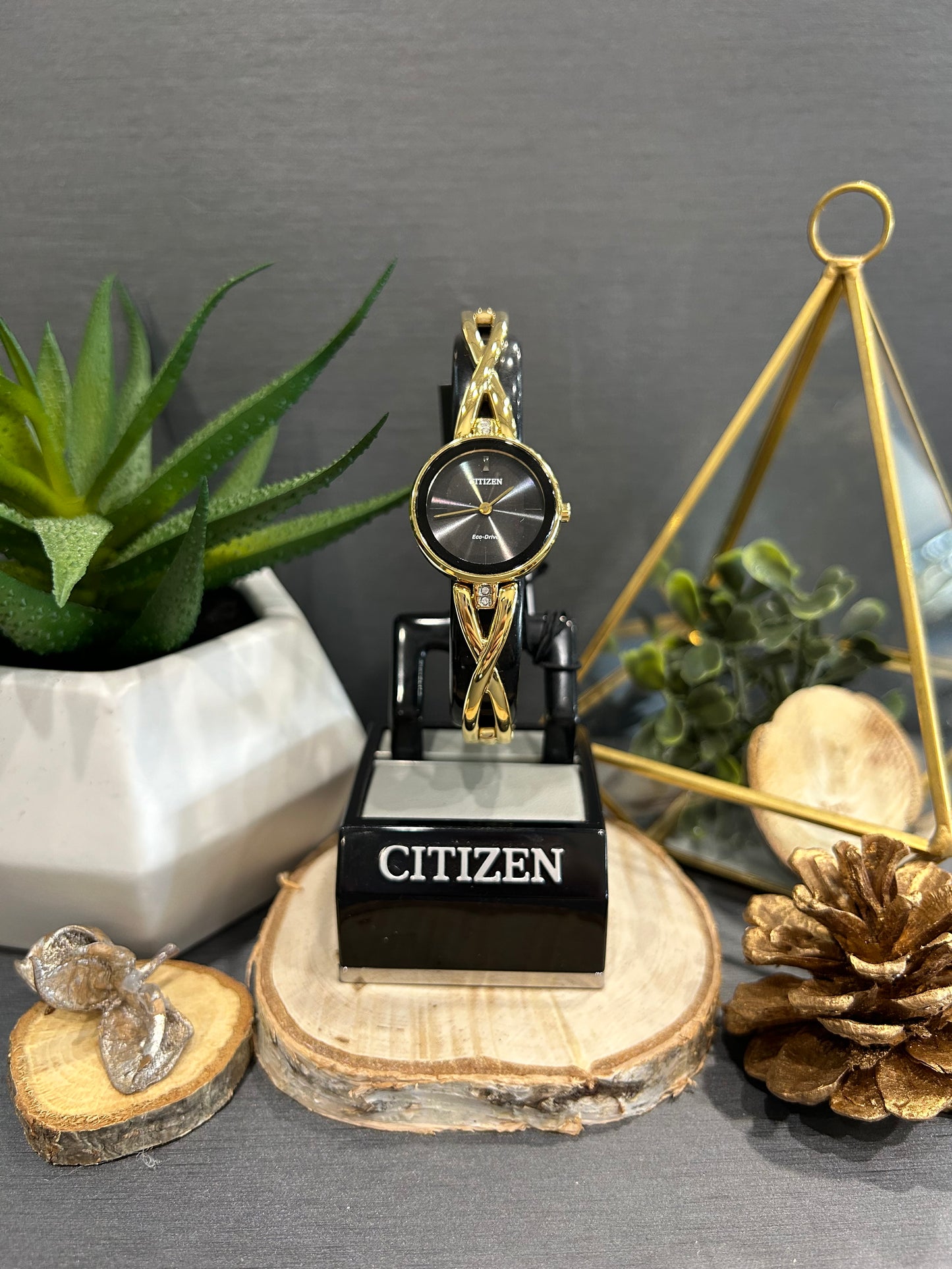 Women's Citizen Eco Drive Gold Tone Black Watch Face with Metal Band