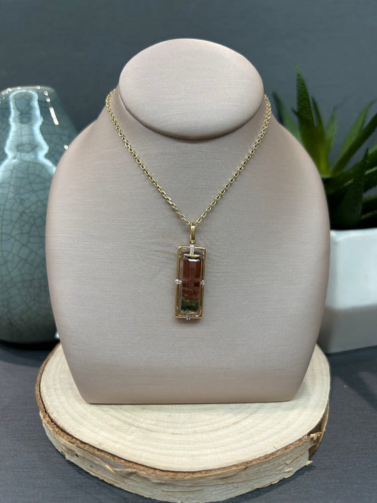 14k Yellow Gold Rectangle Tourmaline Large Pendant