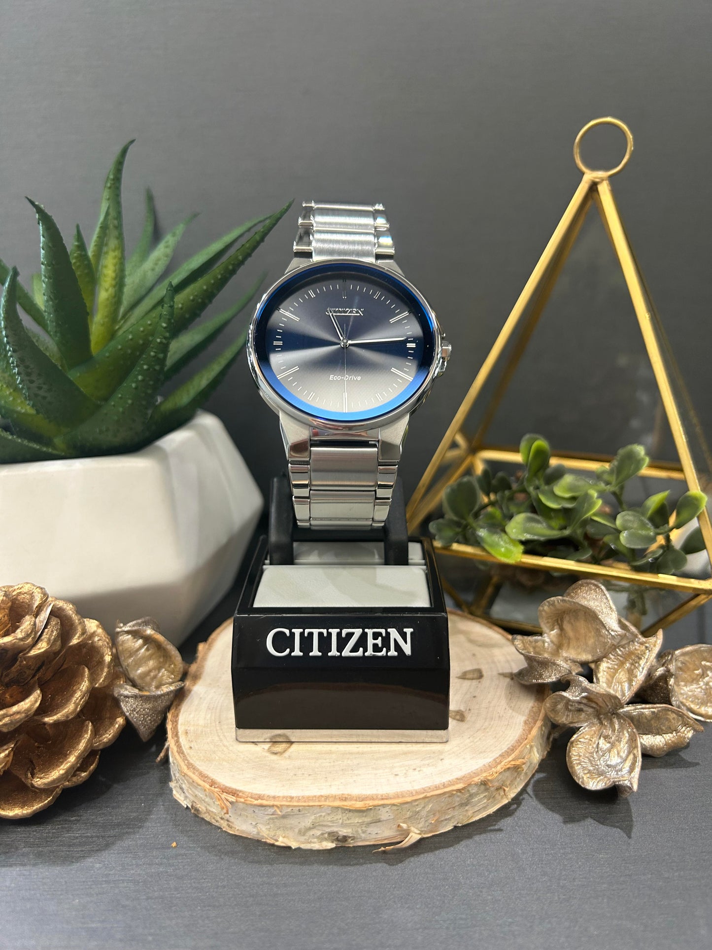 Men's Citizen Eco Drive Royal Blue Face Watch with Metal Band