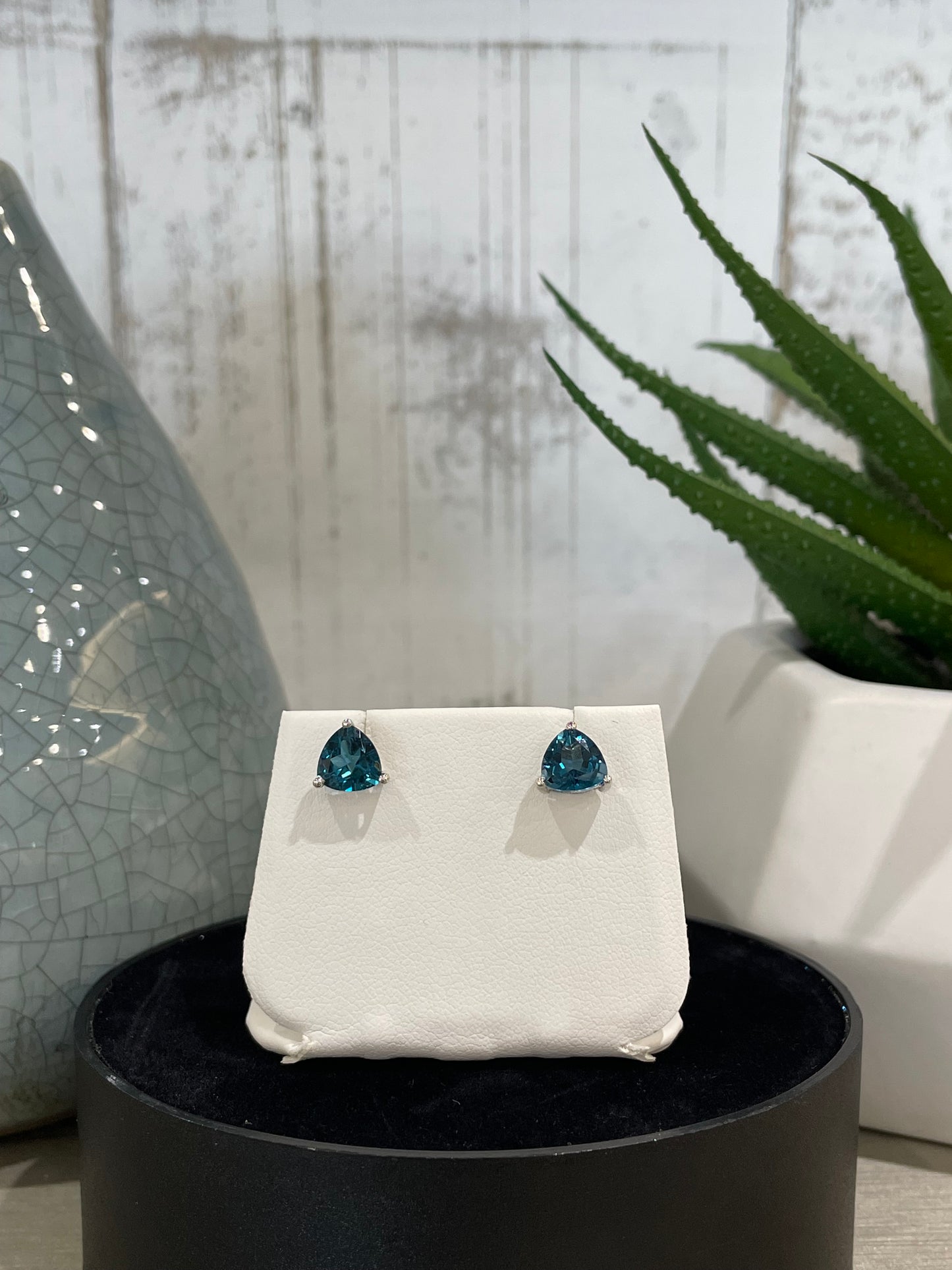 14k White Gold London Blue Topaz Trillion Stud Earrings