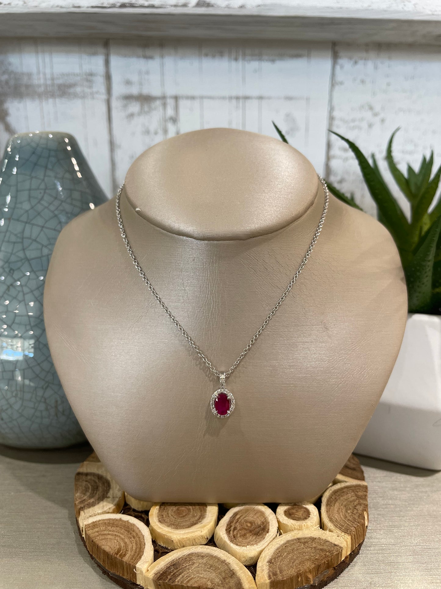 10k White Gold Oval Ruby Halo Pendant