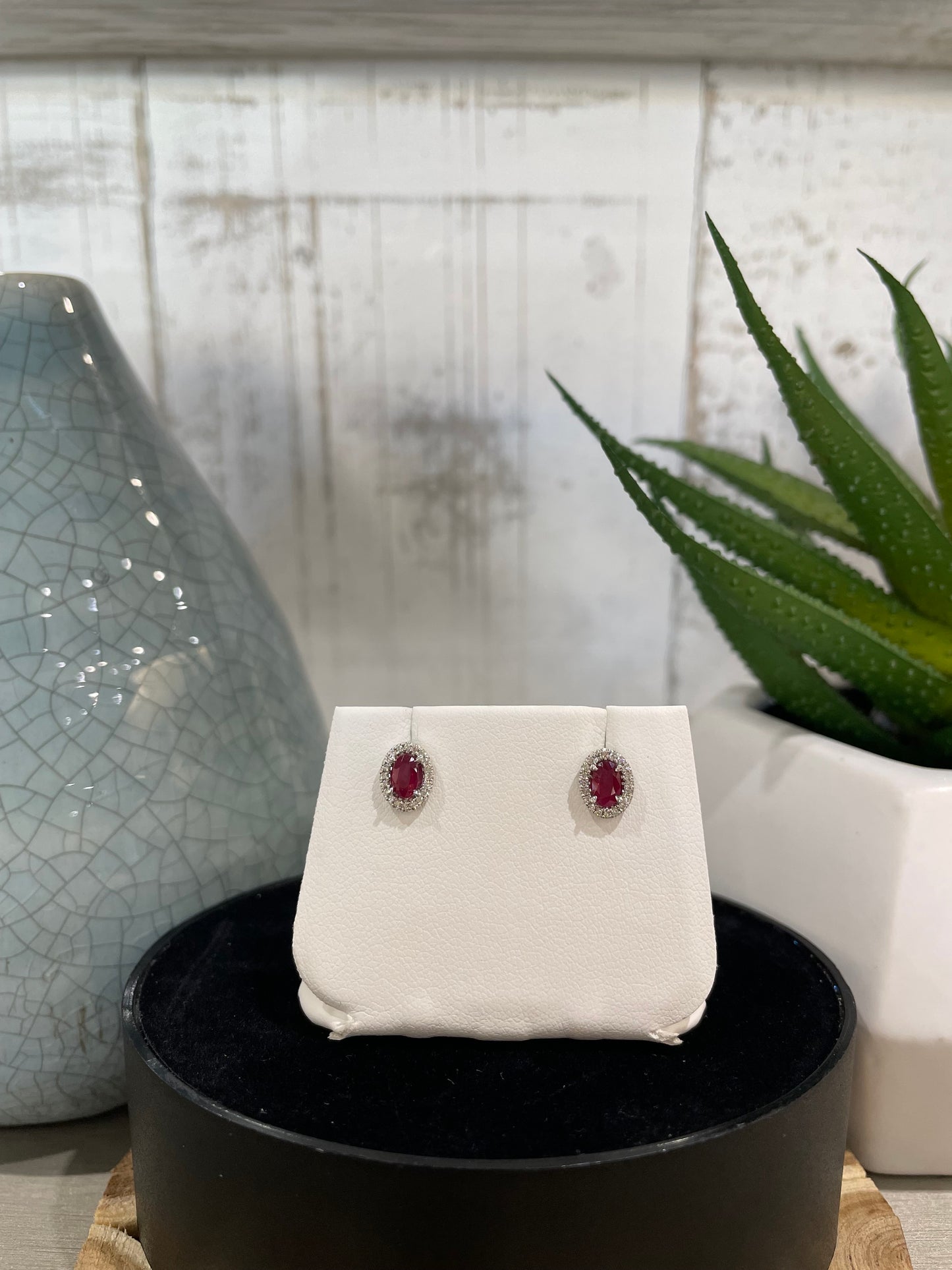 10k White Gold Oval Ruby Halo Stud Earrings
