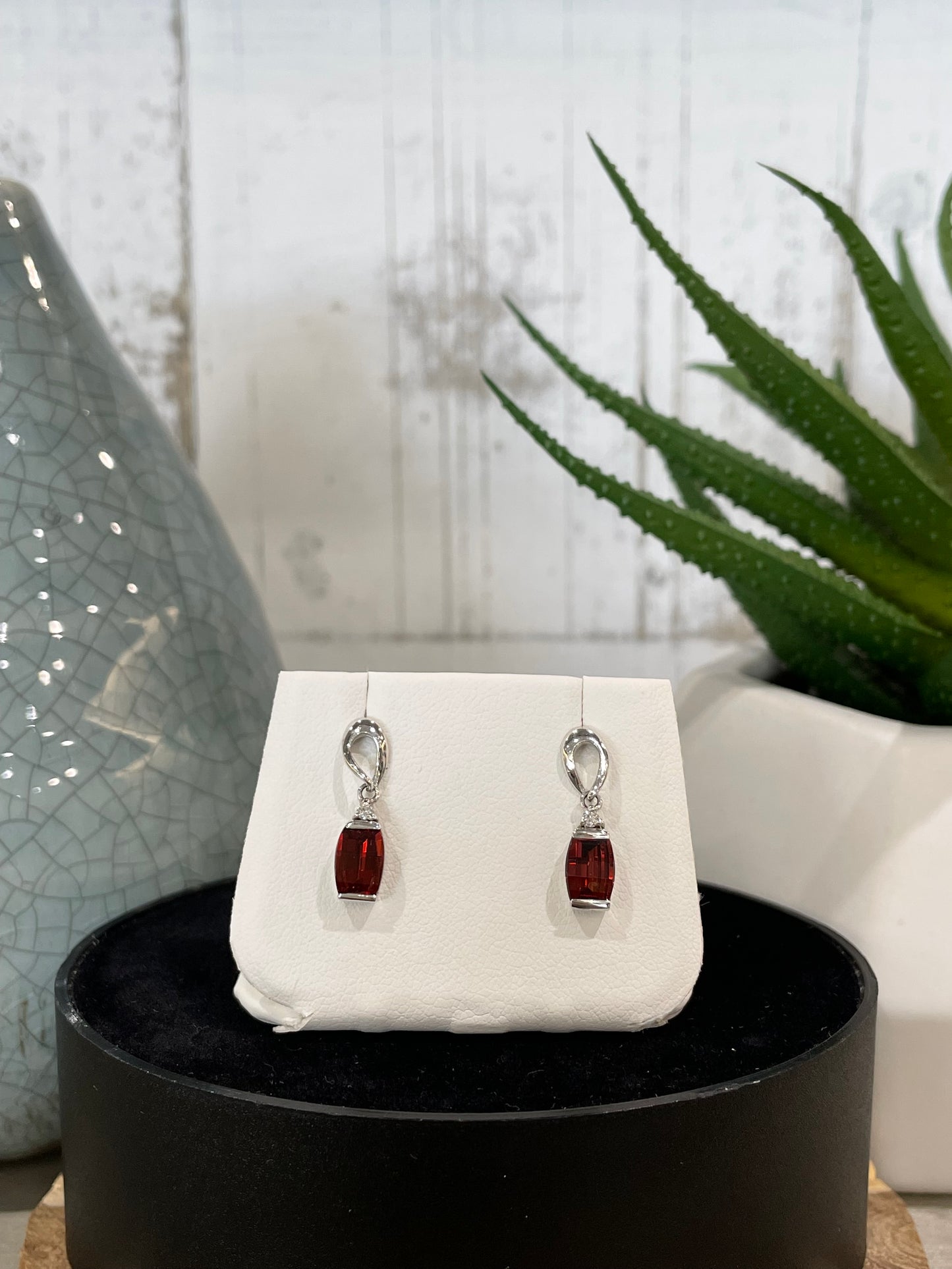 14k White Gold Garnet Dangle Earrings