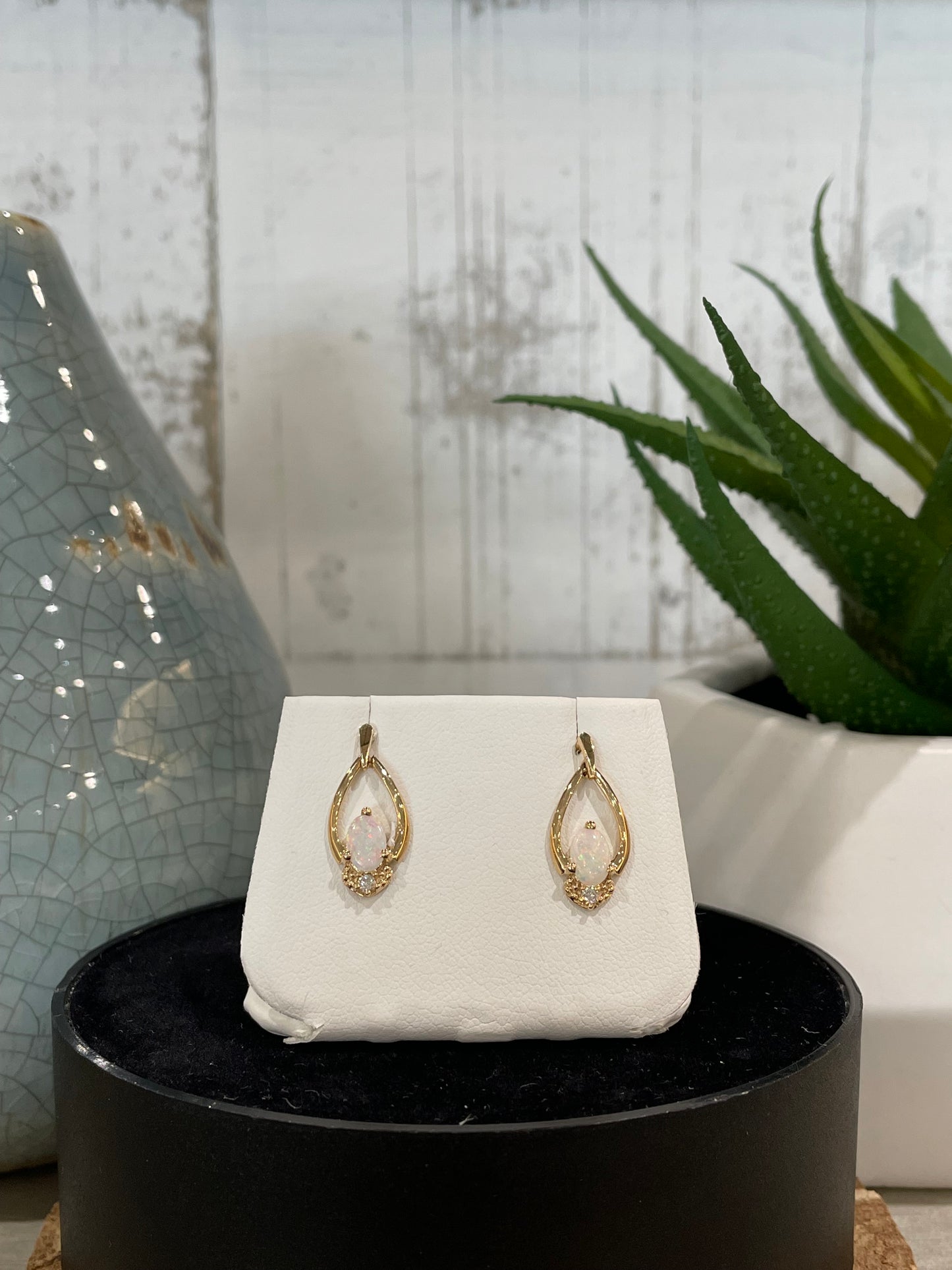 10k Yellow Gold Oval Opal Dangle Earrings