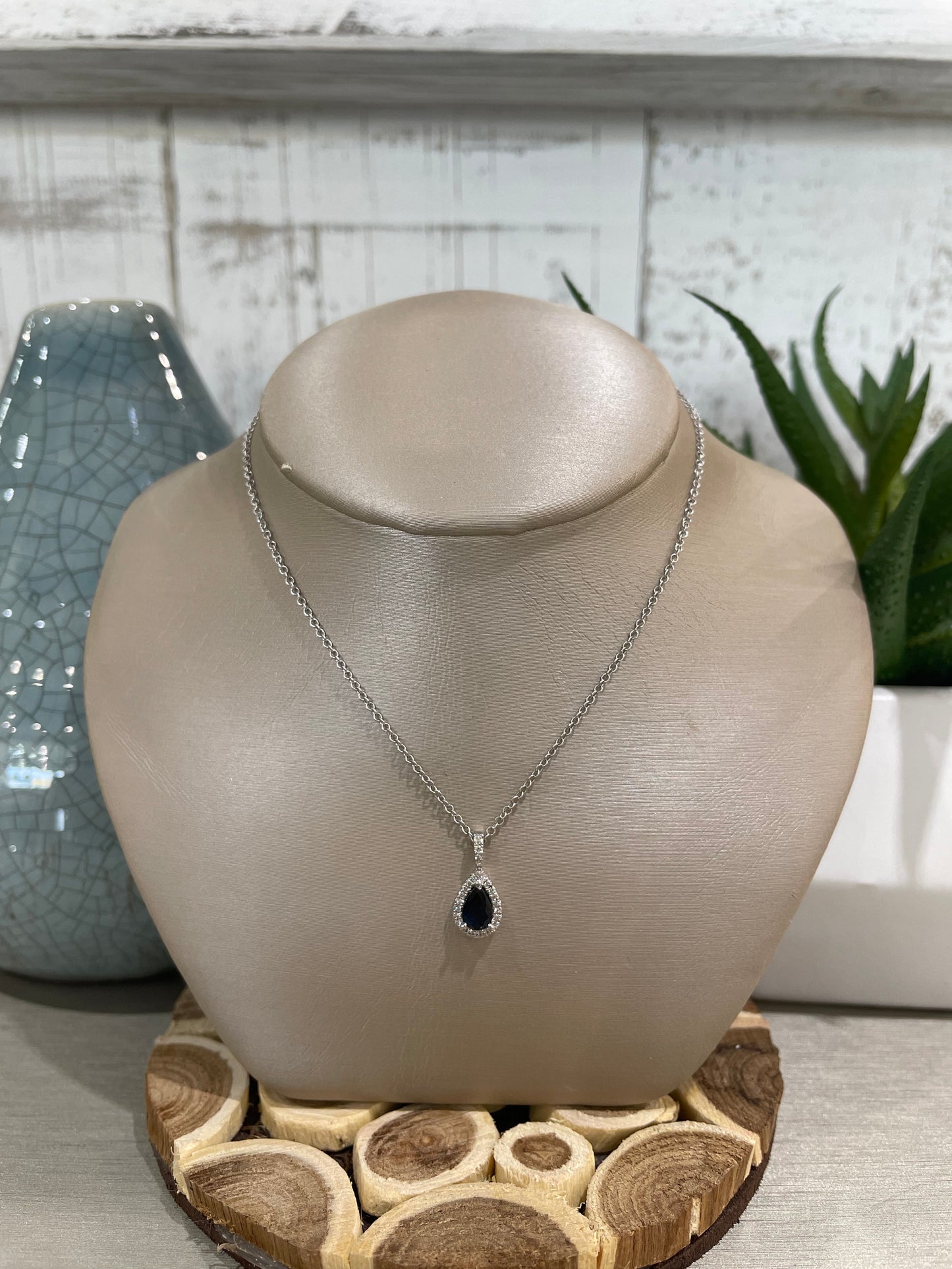 10k White Gold Pear Shape Sapphire Halo Pendant