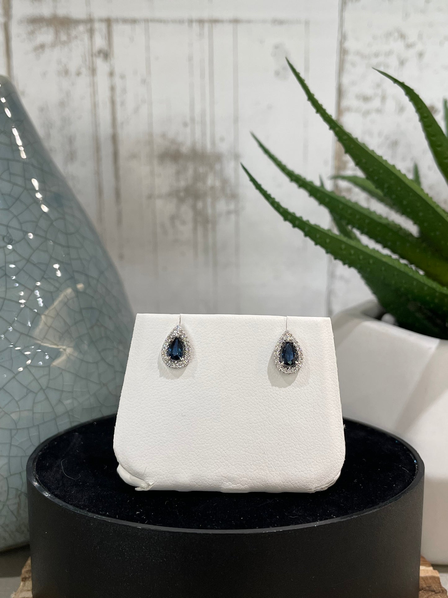 10k White Gold Pear Shape Sapphire Halo Stud Earrings