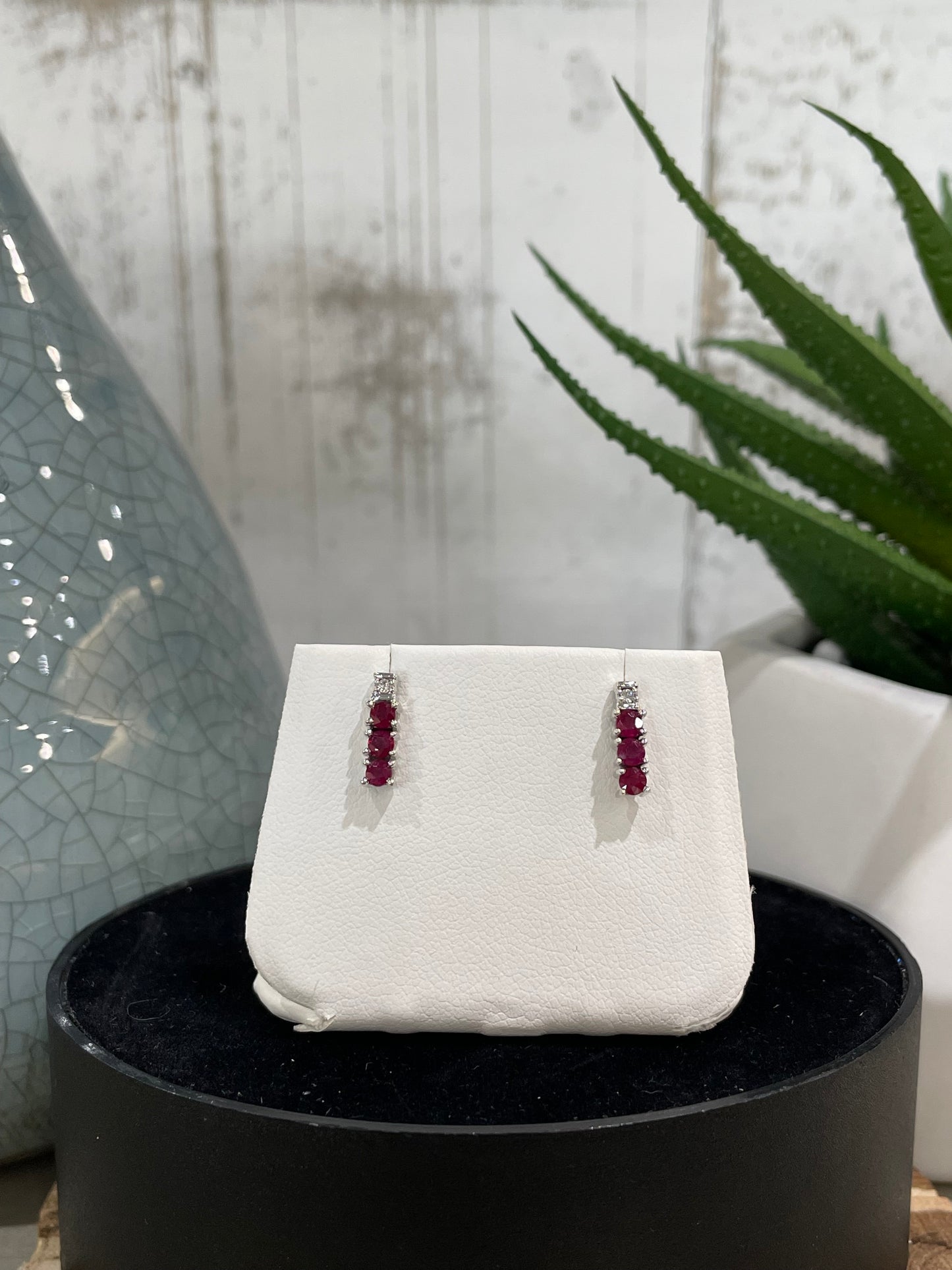 10k White Gold Three Row Ruby Stud Earrings