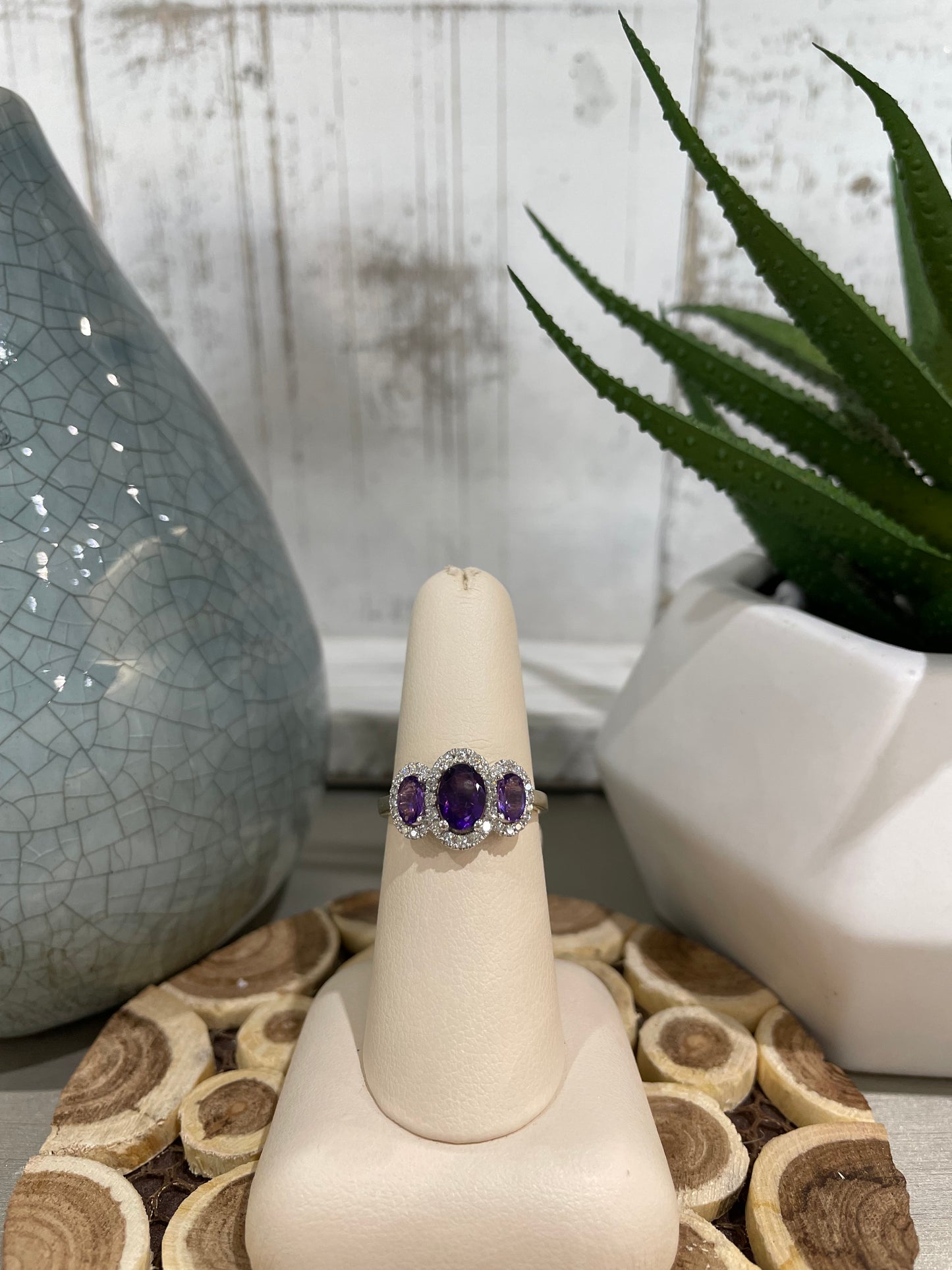 10k Yellow Gold Oval Three Stone Amethyst Halo Ring