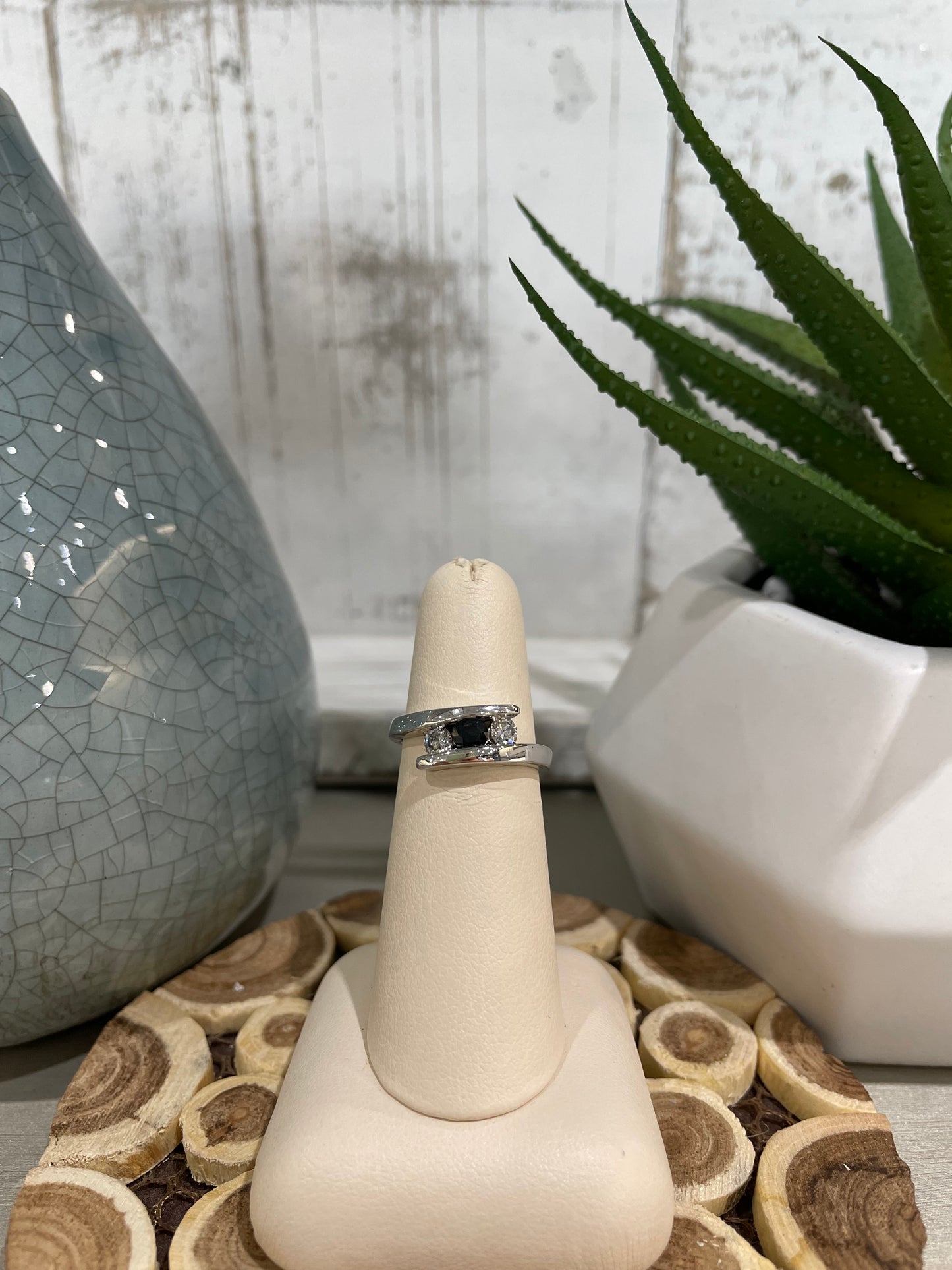 14k White Gold Sapphire and Diamond Three Stone Ring