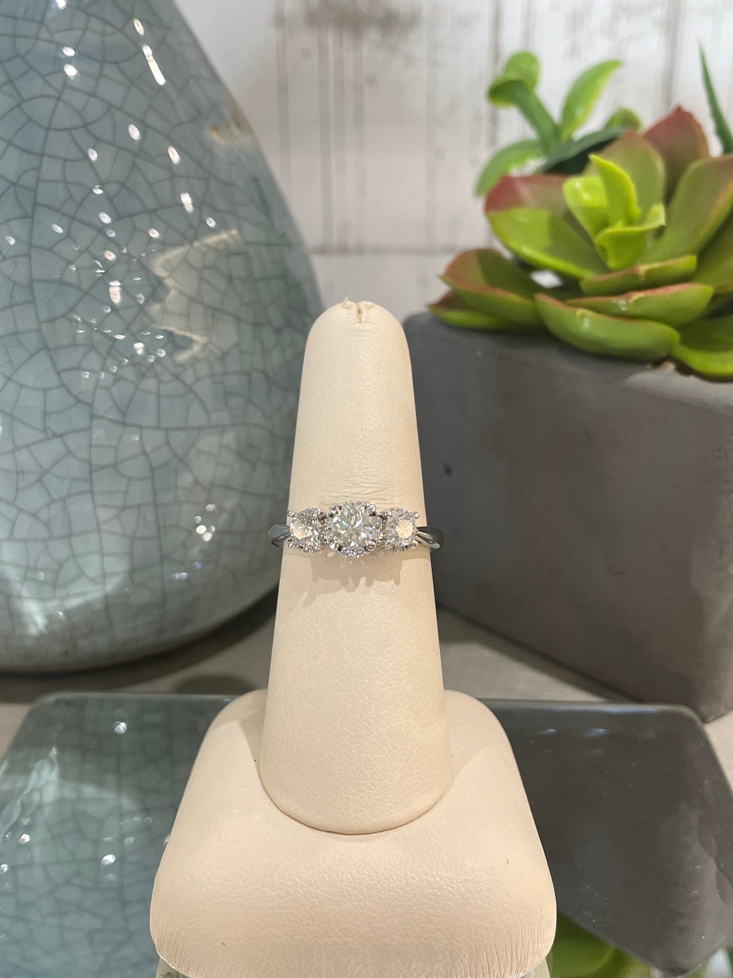 14k White Gold 1.00ctw Diamond Halo Three Stone Engagement Ring