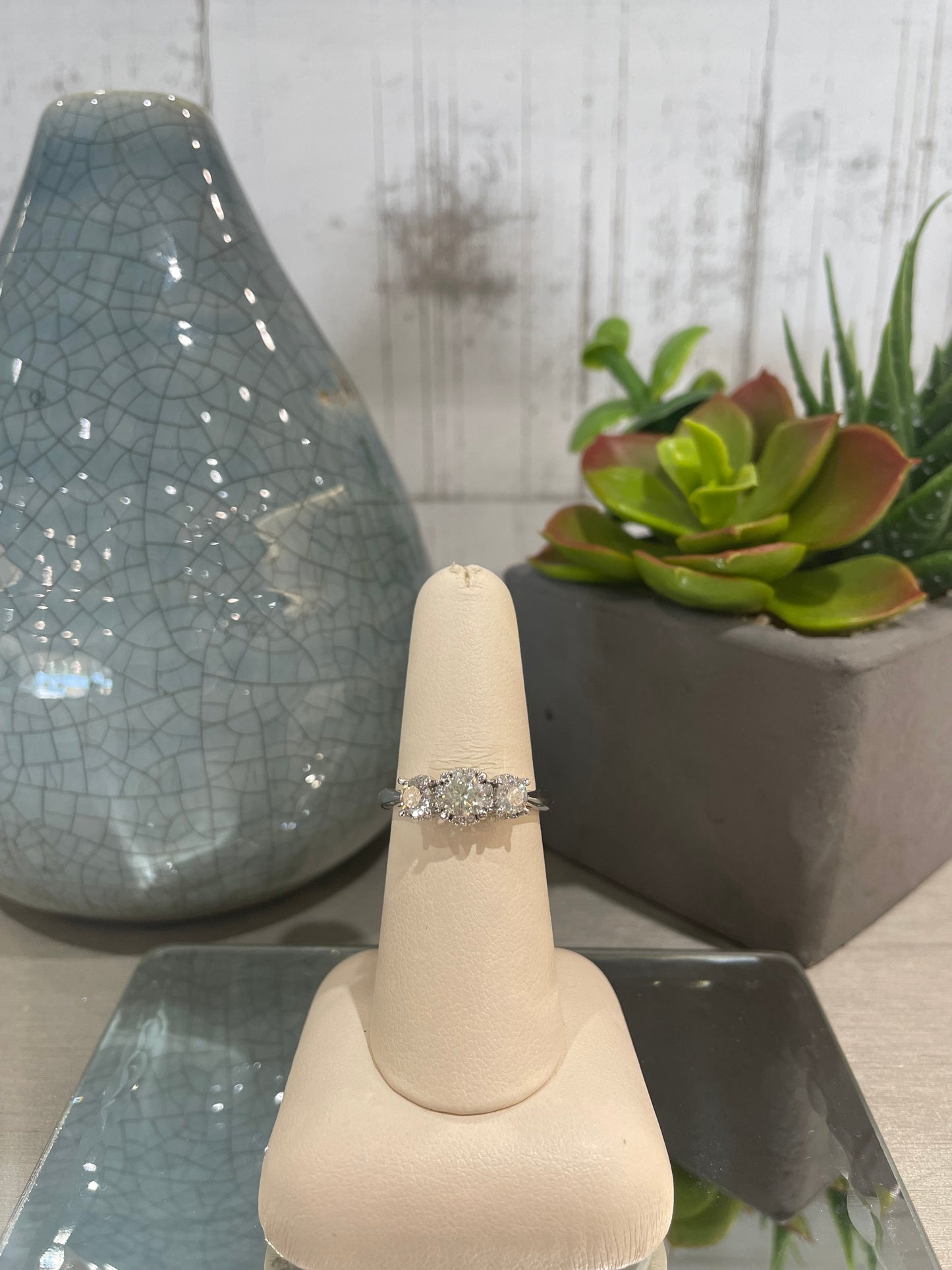 14k White Gold 1.00ctw Diamond Halo Three Stone Engagement Ring