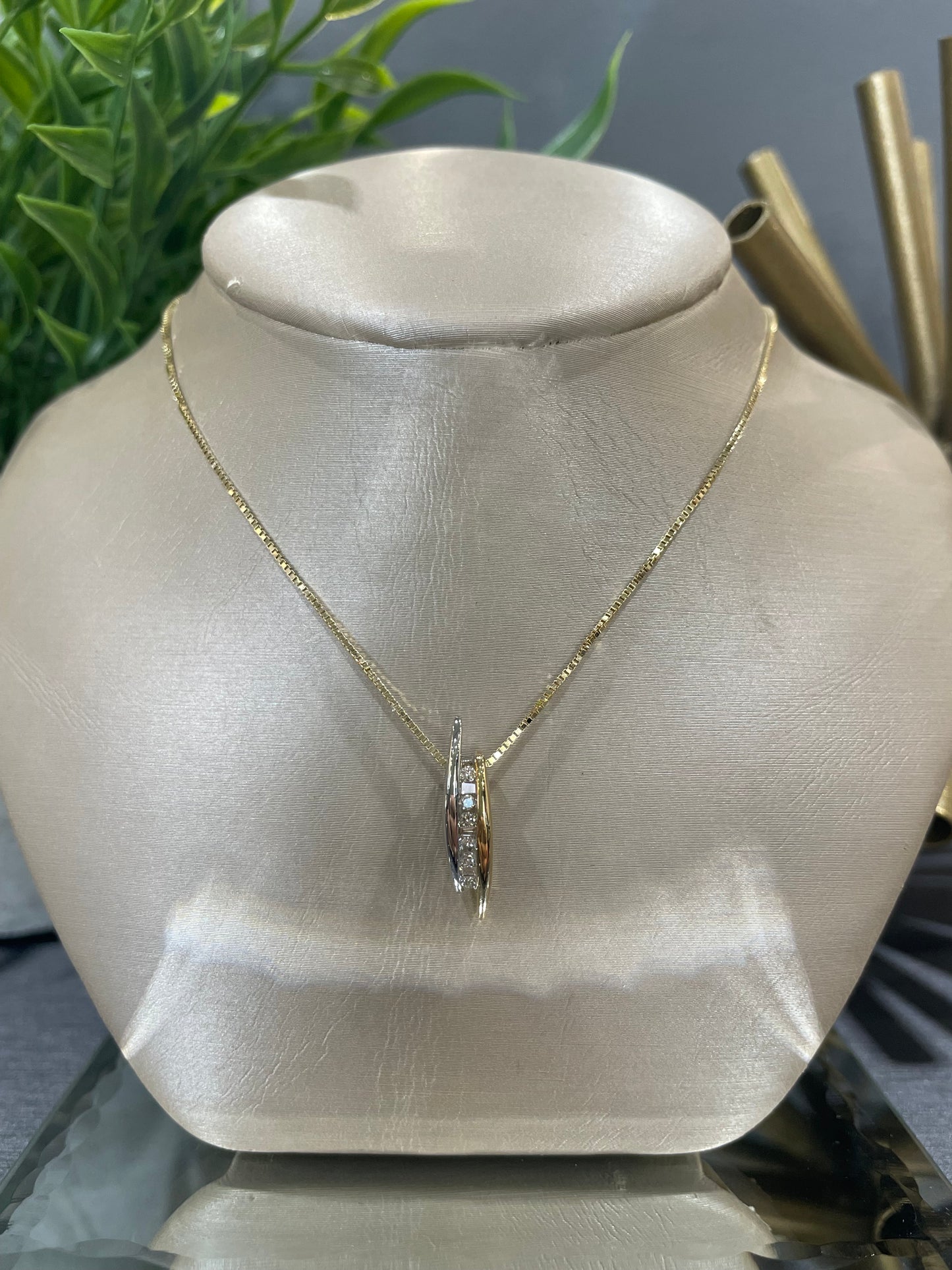 14k Two-Tone 0.30ctw Diamond Baguette Channel Pendant