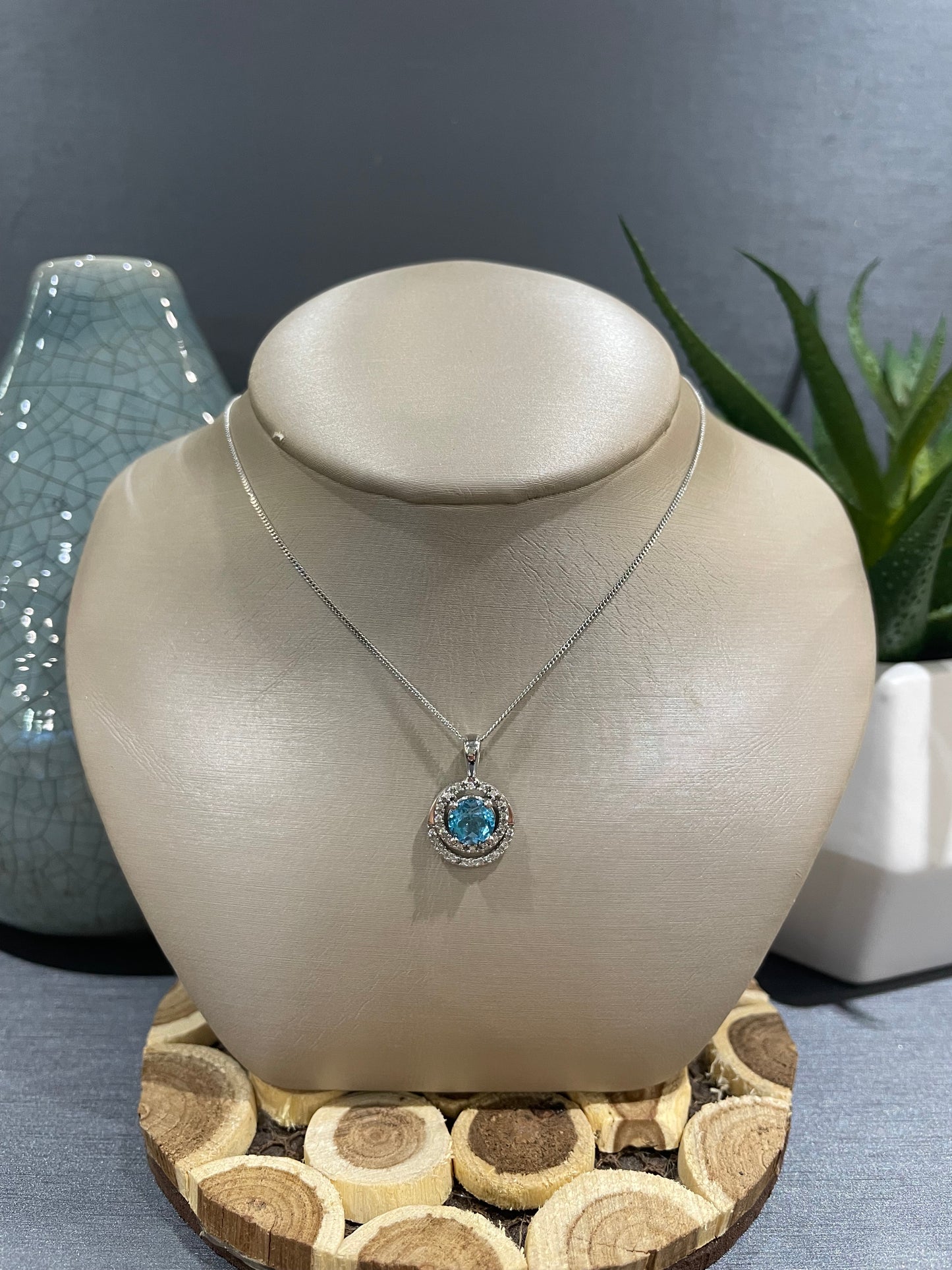 10k White Gold Blue Topaz Double Circle Pendant