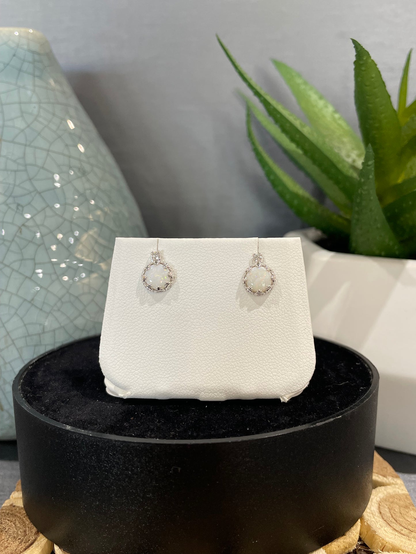 10k White Gold Round Opal Stud Earrings