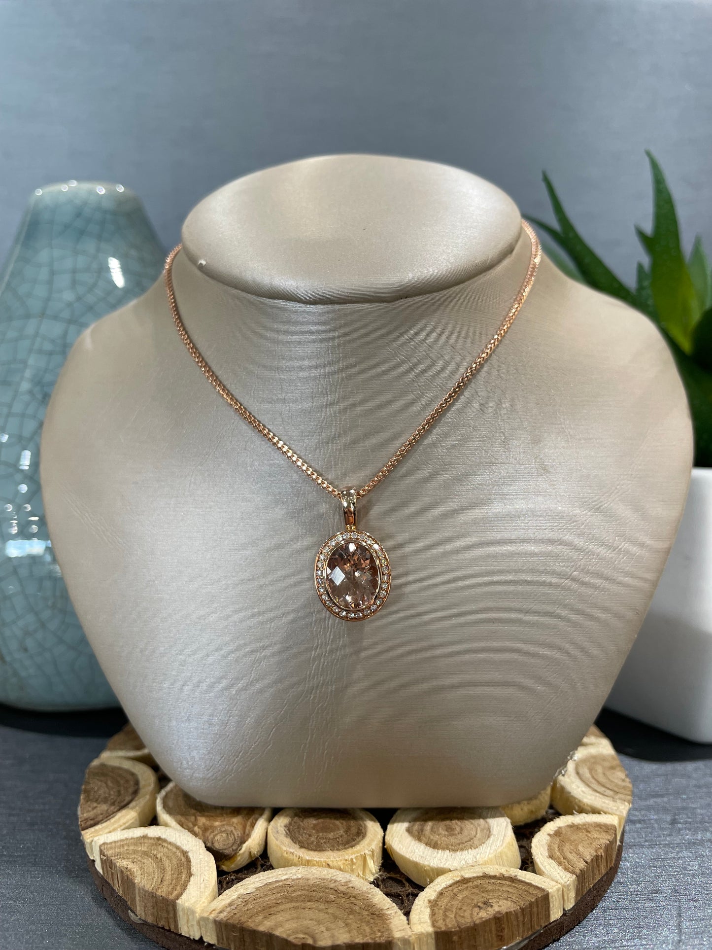 14k Rose Gold Oval Halo Morganite Max Strauss Pendant