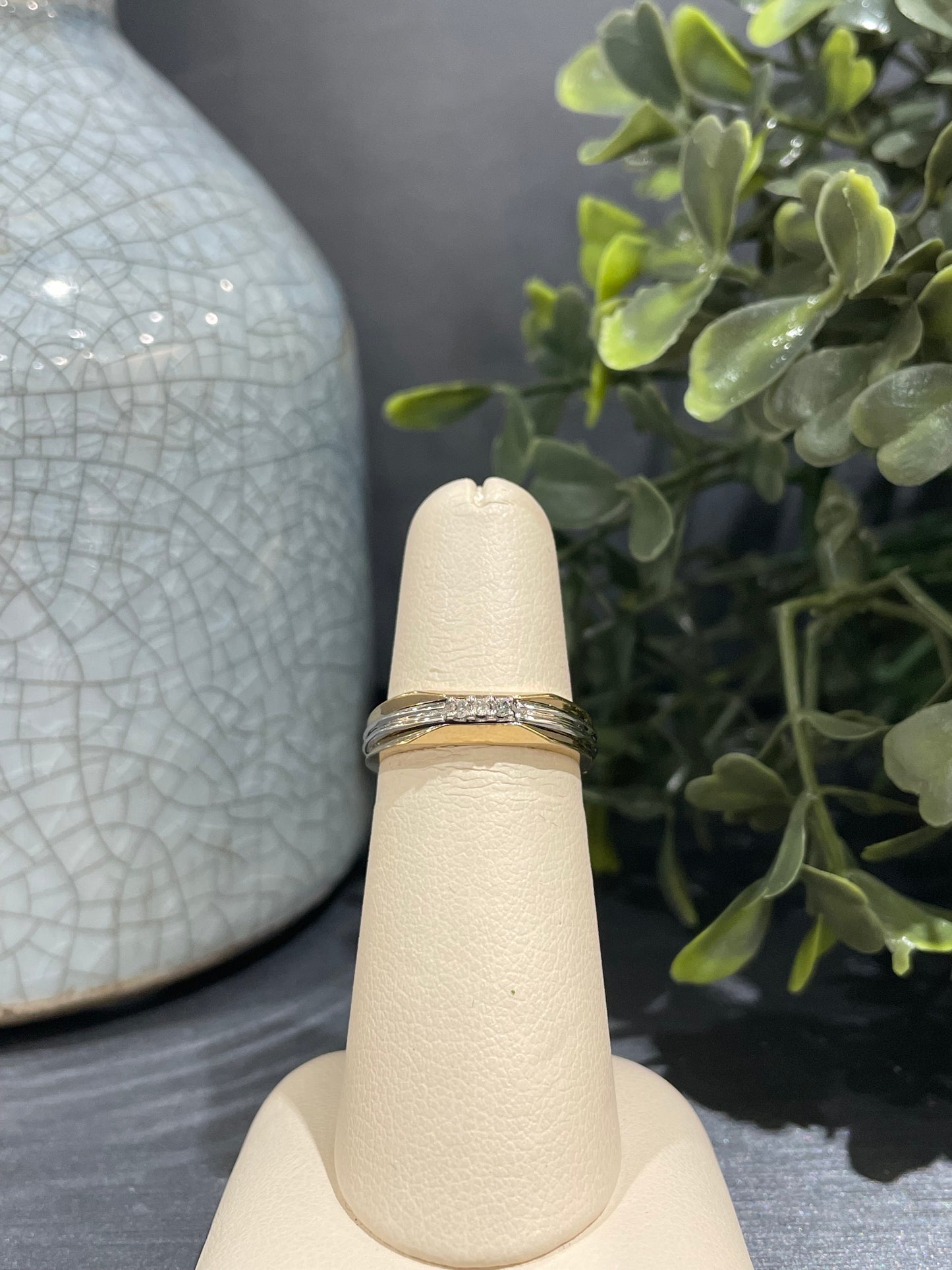 10k Two-Tone 0.05ctw Diamond Three Stone Wedding Band
