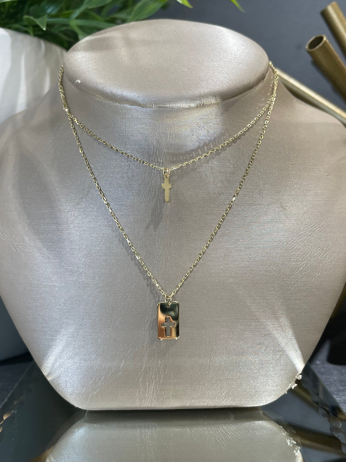 10k Yellow Gold Double Strand Cross Necklace