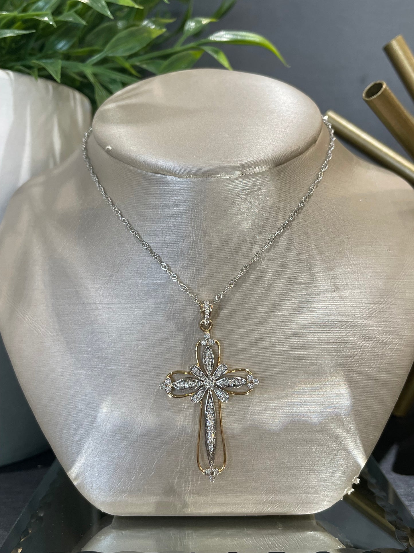 10k Two-Tone 0.31ctw Diamond Fancy Cross Pendant