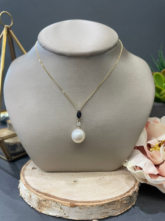 10k Yellow Gold 0.10ctw Diamond and Sapphire Pearl Pendant