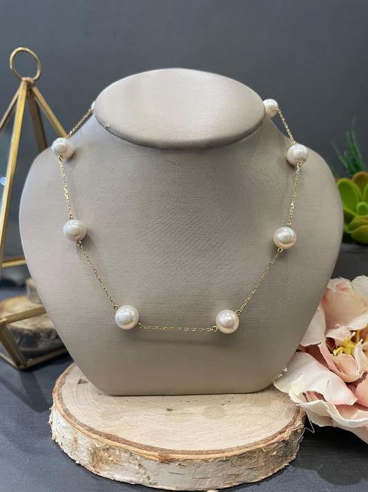 14k Yellow Gold 7mm Akoya Pearl Station Necklace