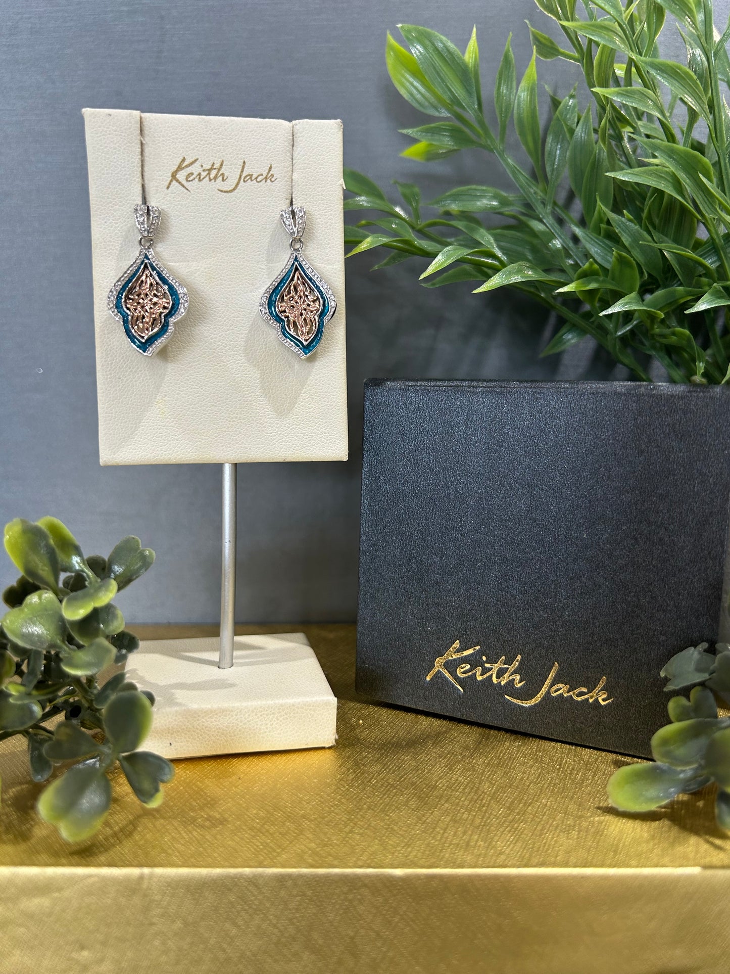 Silver and 10k Rose Gold Path of Life Blue Enamel Earrings