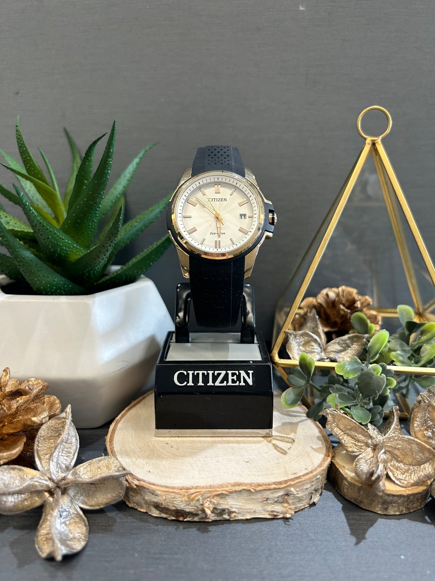 Men's Citizen Eco-Drive Gold Tone Watch with Black Rubber Band