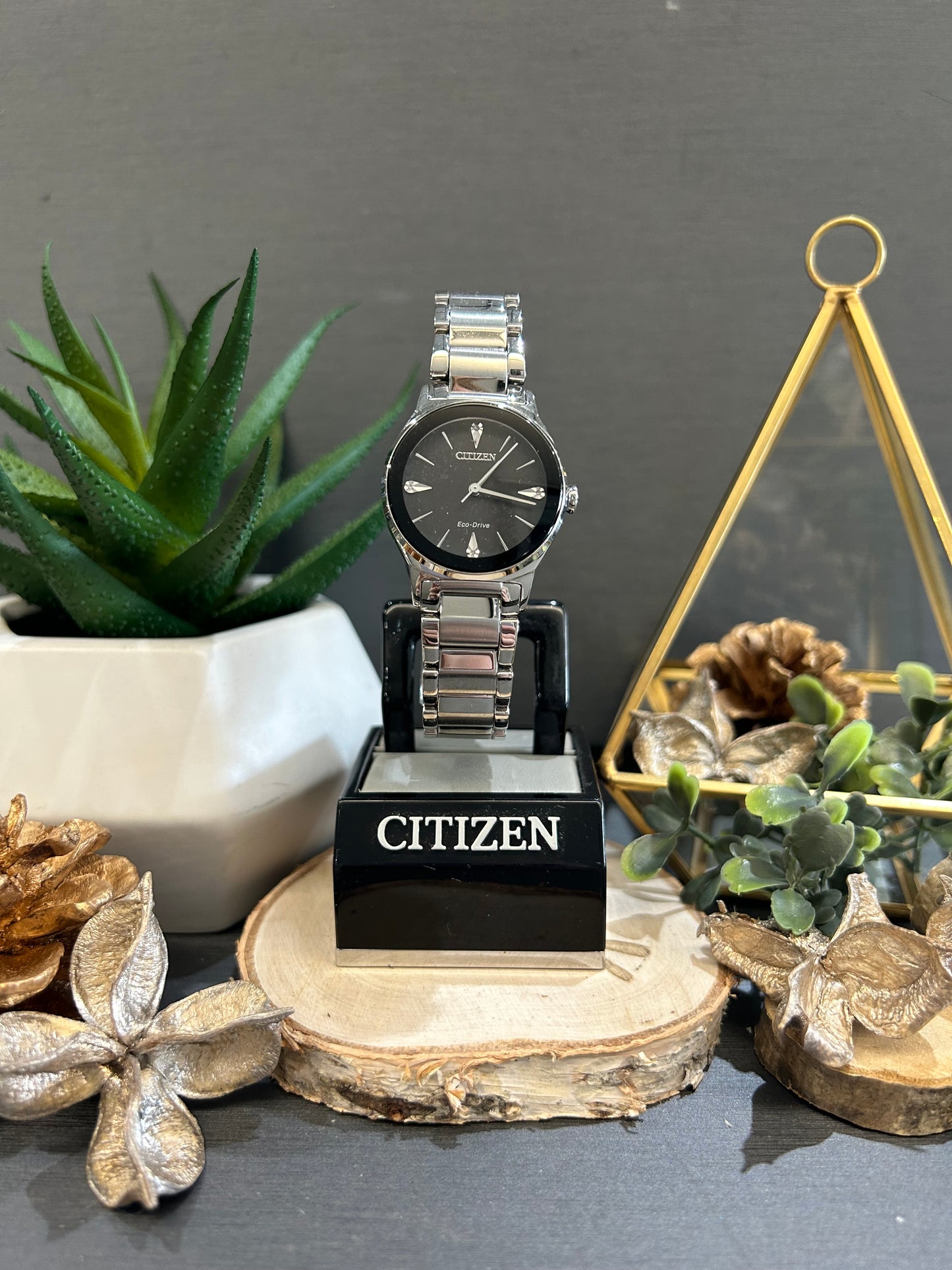 Women's Citizen Eco-Drive Black Watch Face and Metal Band