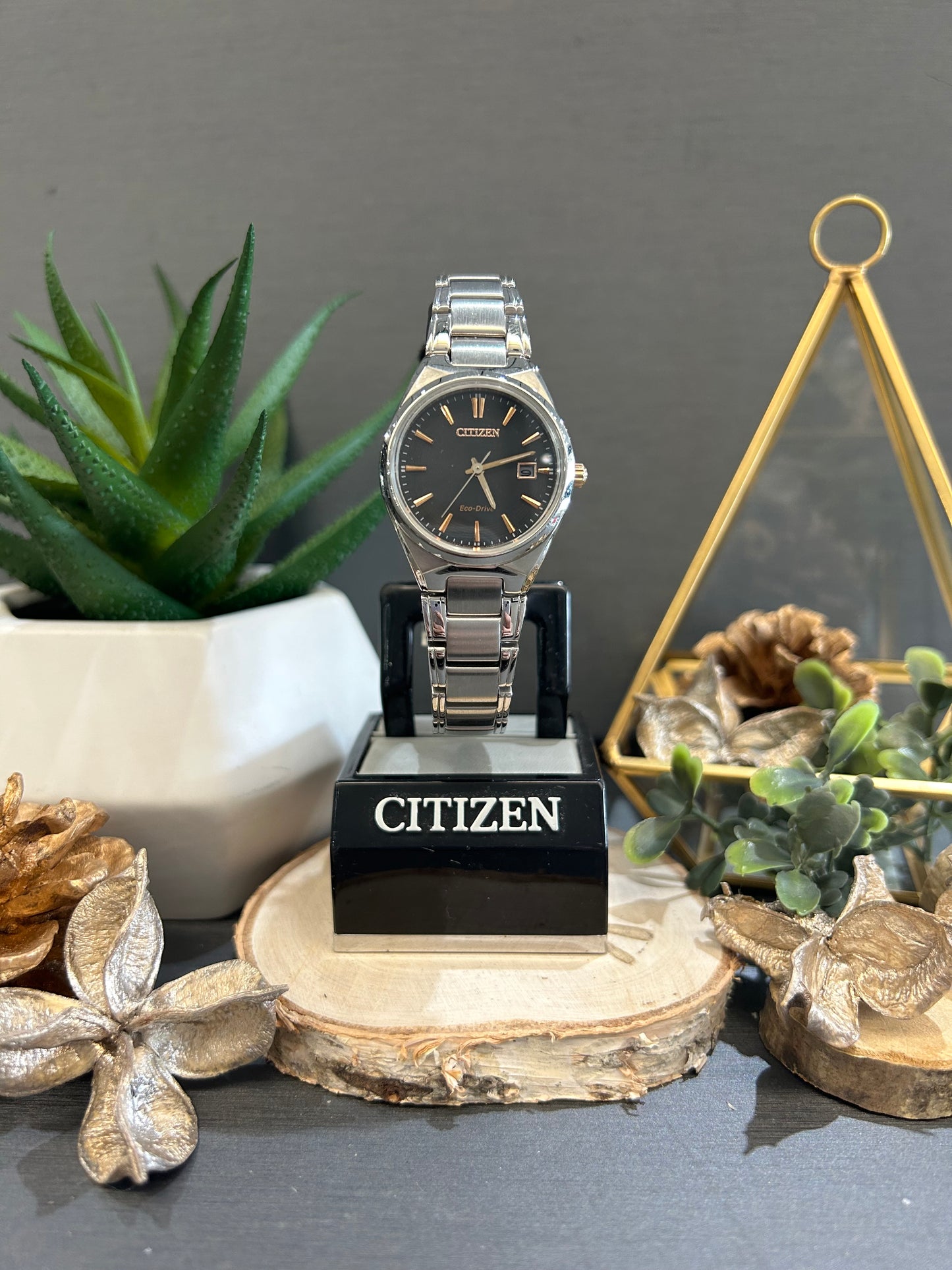 Women's Citizen Eco-Drive Black Watch Face and Roe Dials with Metal Band