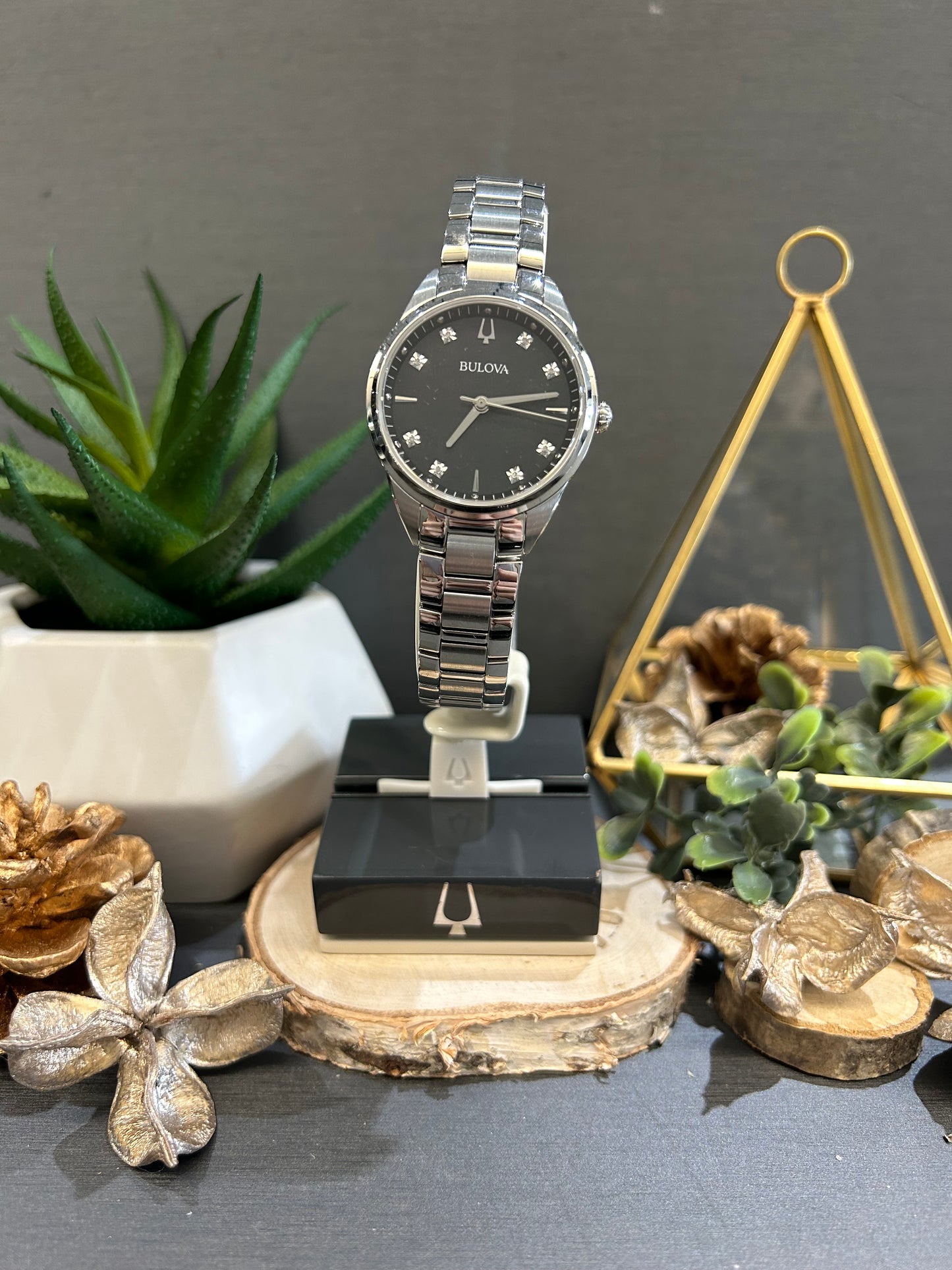 Women's Bulova Black Face and Diamond Dial Watch with Metal Band