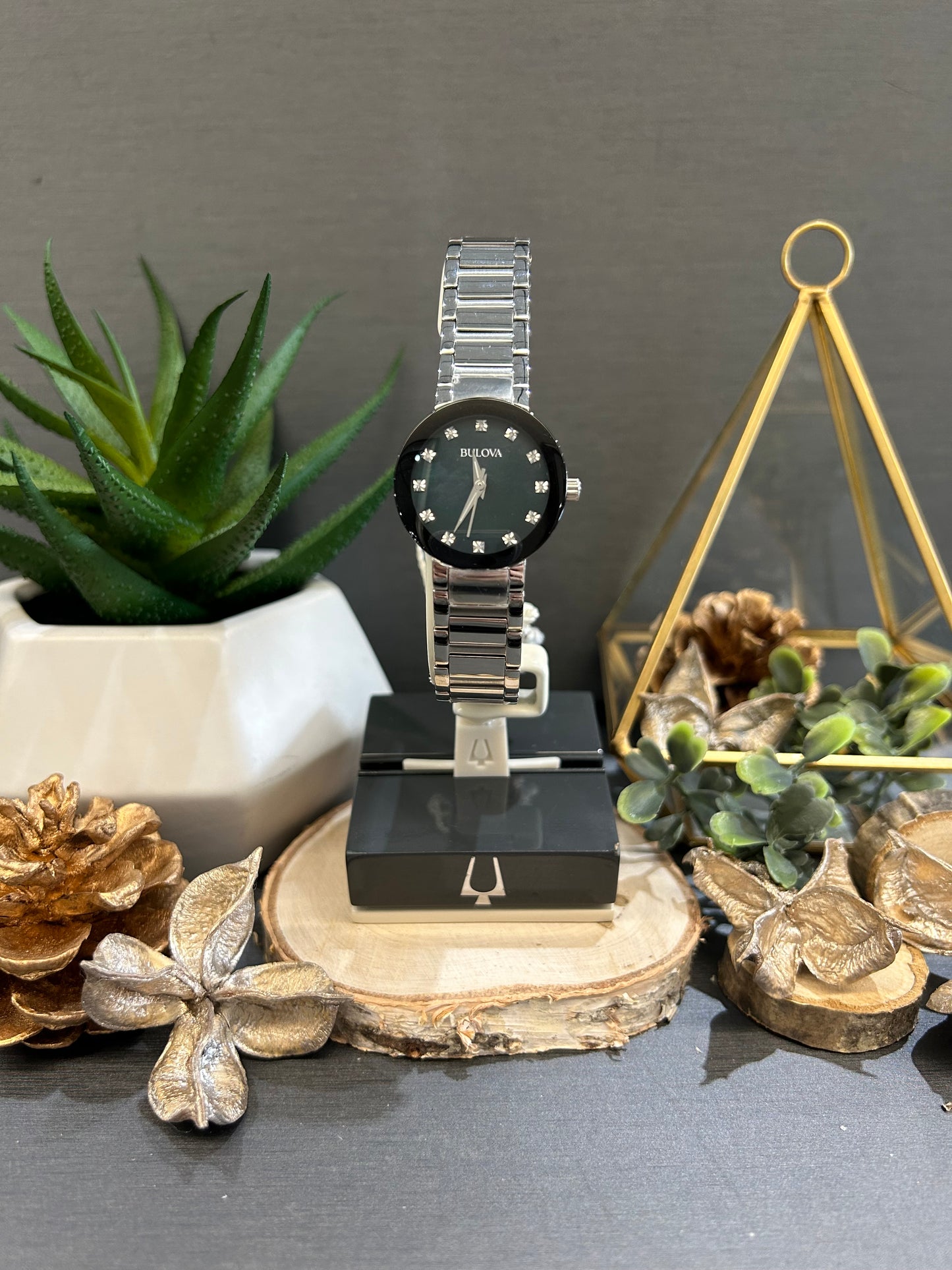 Women's Bulova Black Watch Face and Diamond Dials with Metal Band