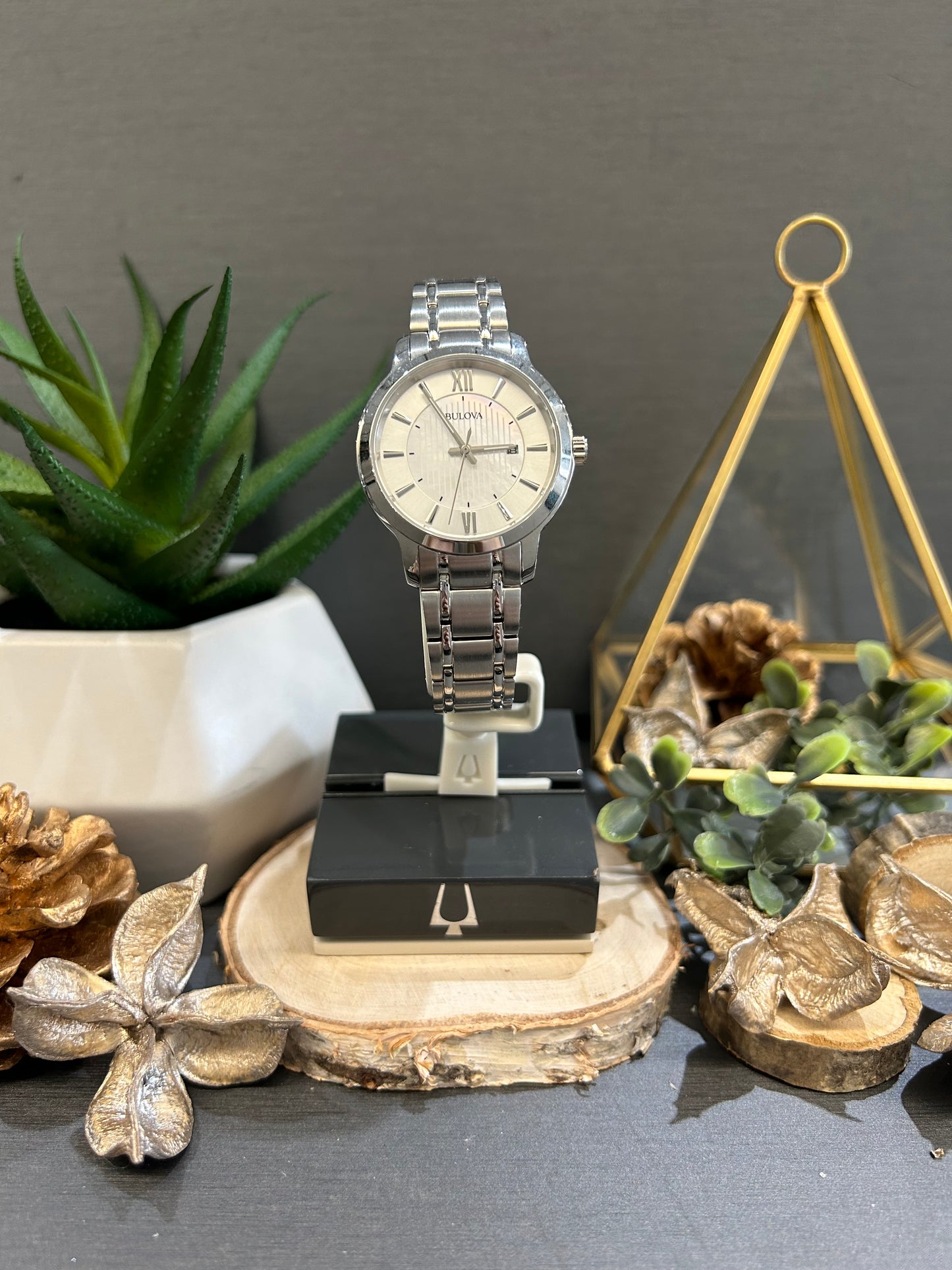 Women's Bulova White Mother of Pearl Watch Face and Metal Band