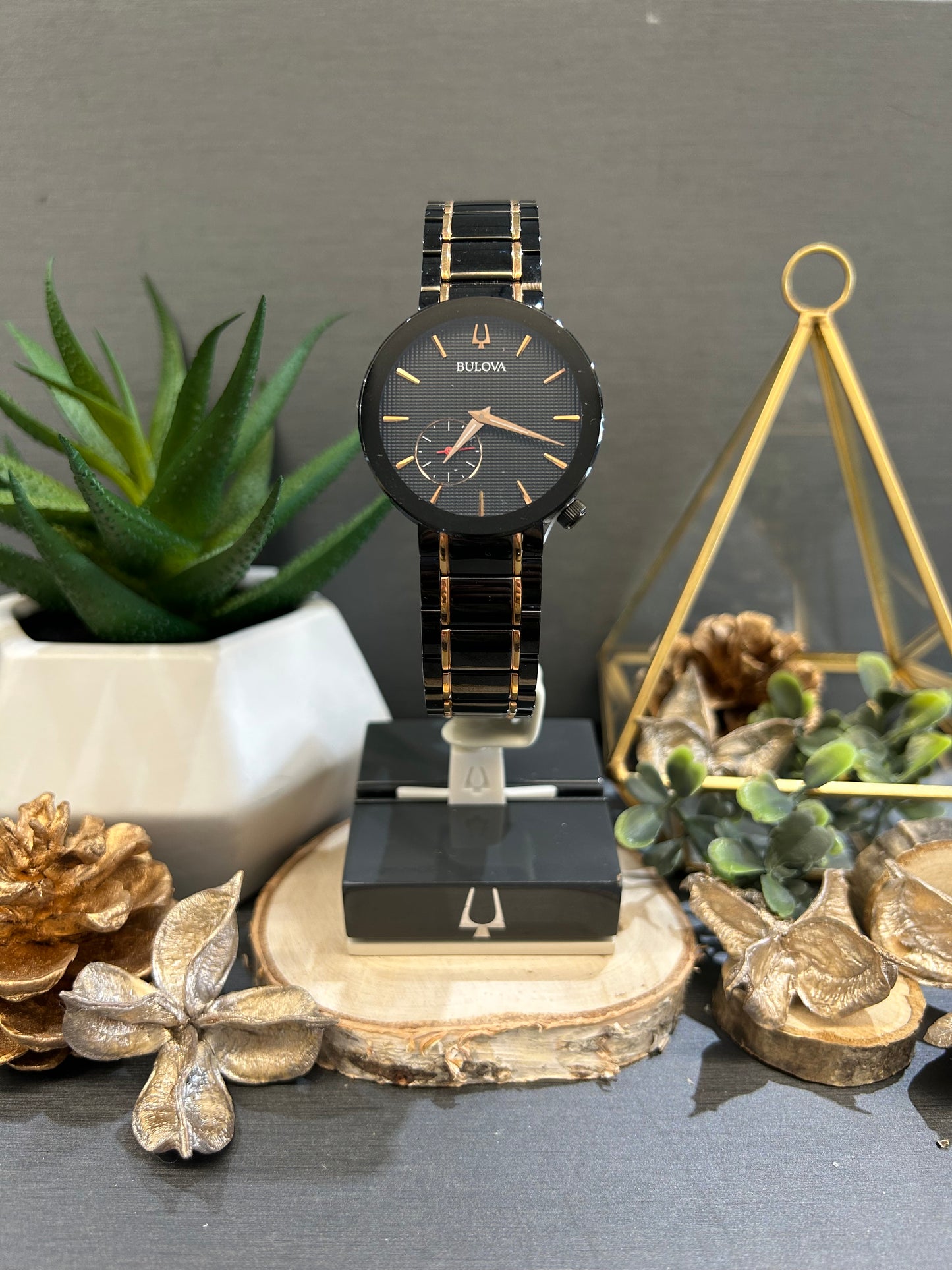 Women's Bulova All Black and Rose Tone Watch with Metal Band