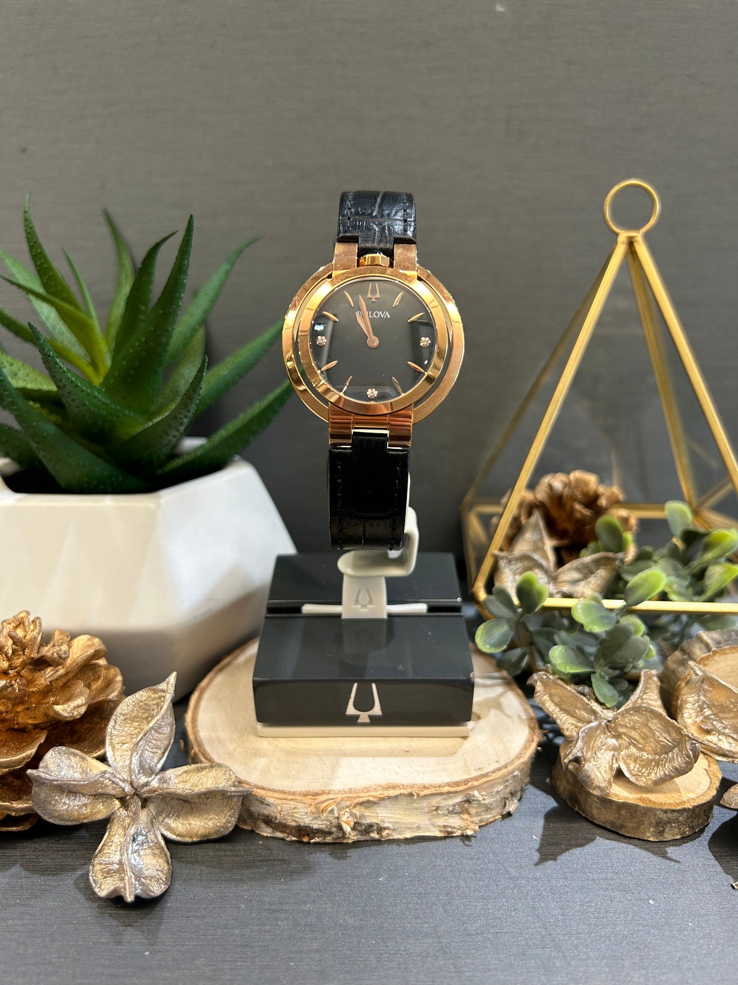 Women's Bulova Rose Tone Watch with Diamond Dials and Black Leather Band