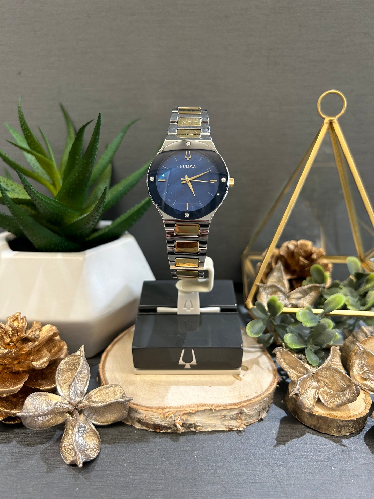 Women's Bulova Gold Tone Blue Face and Diamond Dial Watch with Metal Band