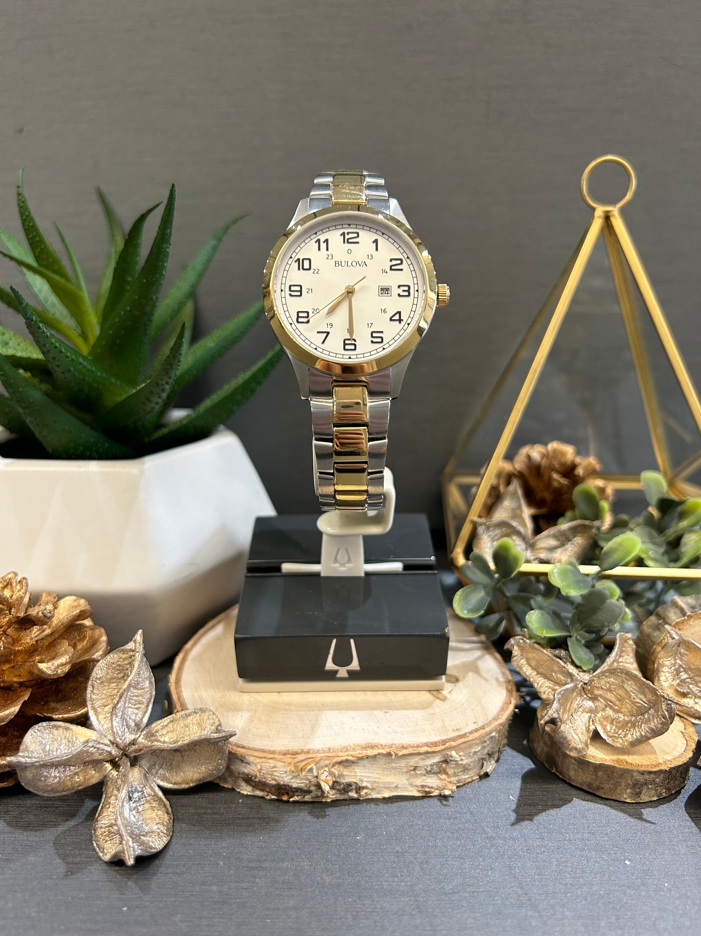 Women's Bulova Gold Tone White Watch Face with Metal Band