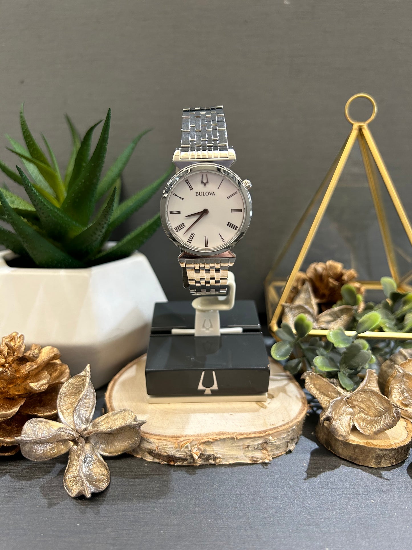 Women's Bulova Roman Numeral Watch Face with Metal Band