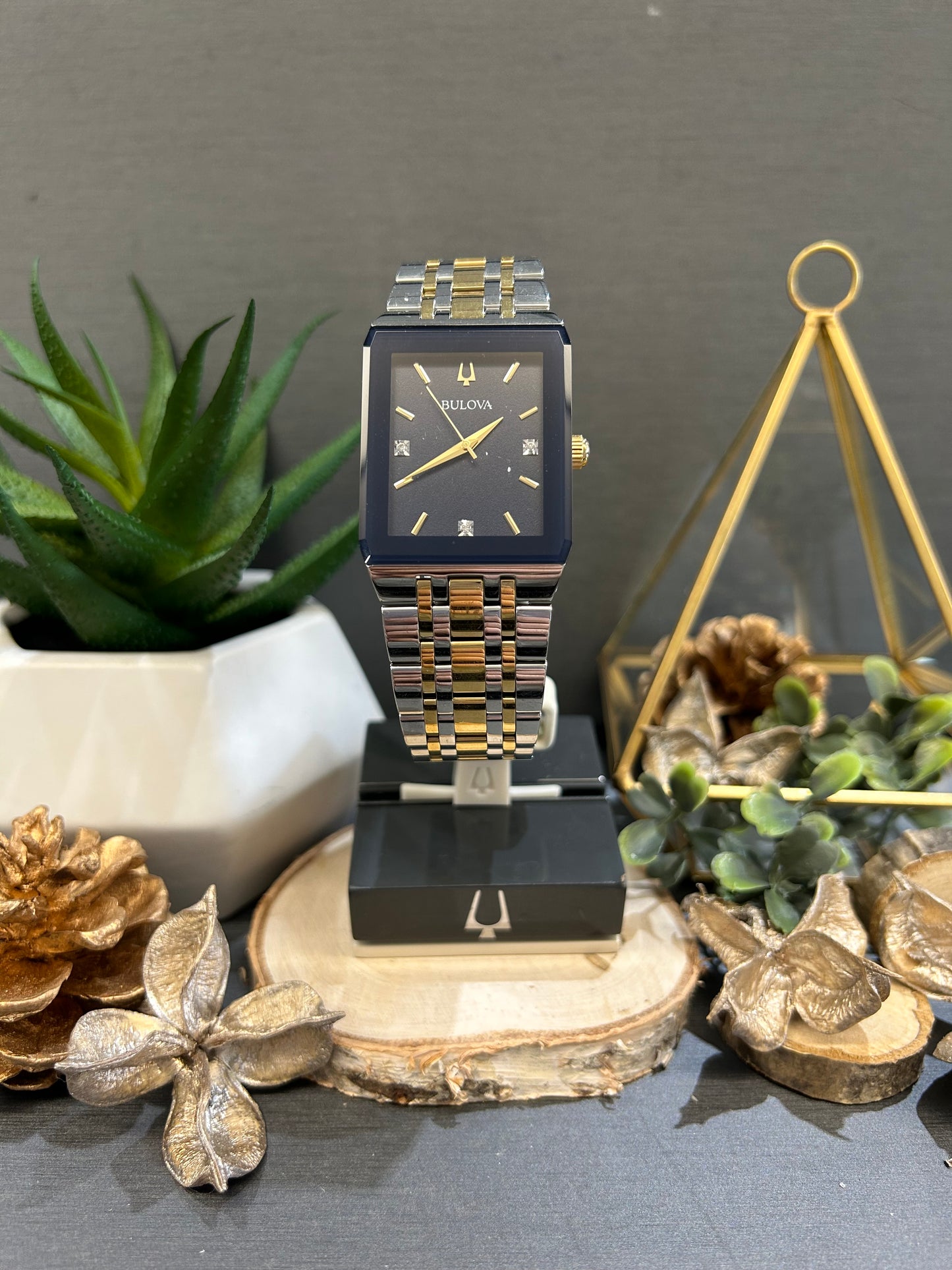 Men's Bulova Gold Tone Square Diamond Dial Watch Face with Metal Band