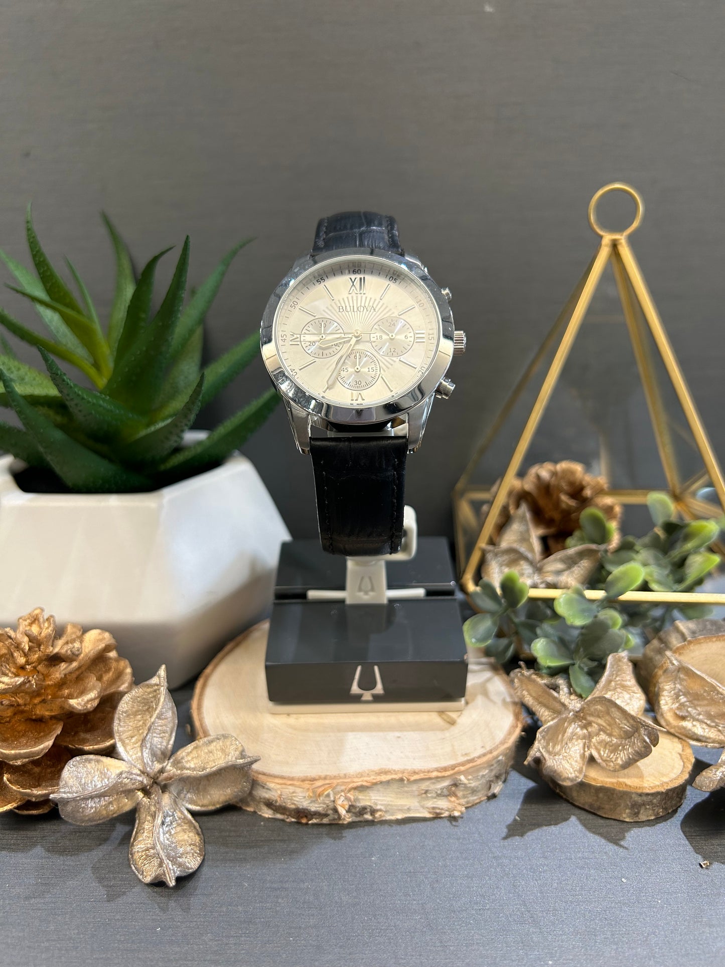 Men's Bulova White Watch Face and Black Leather Band