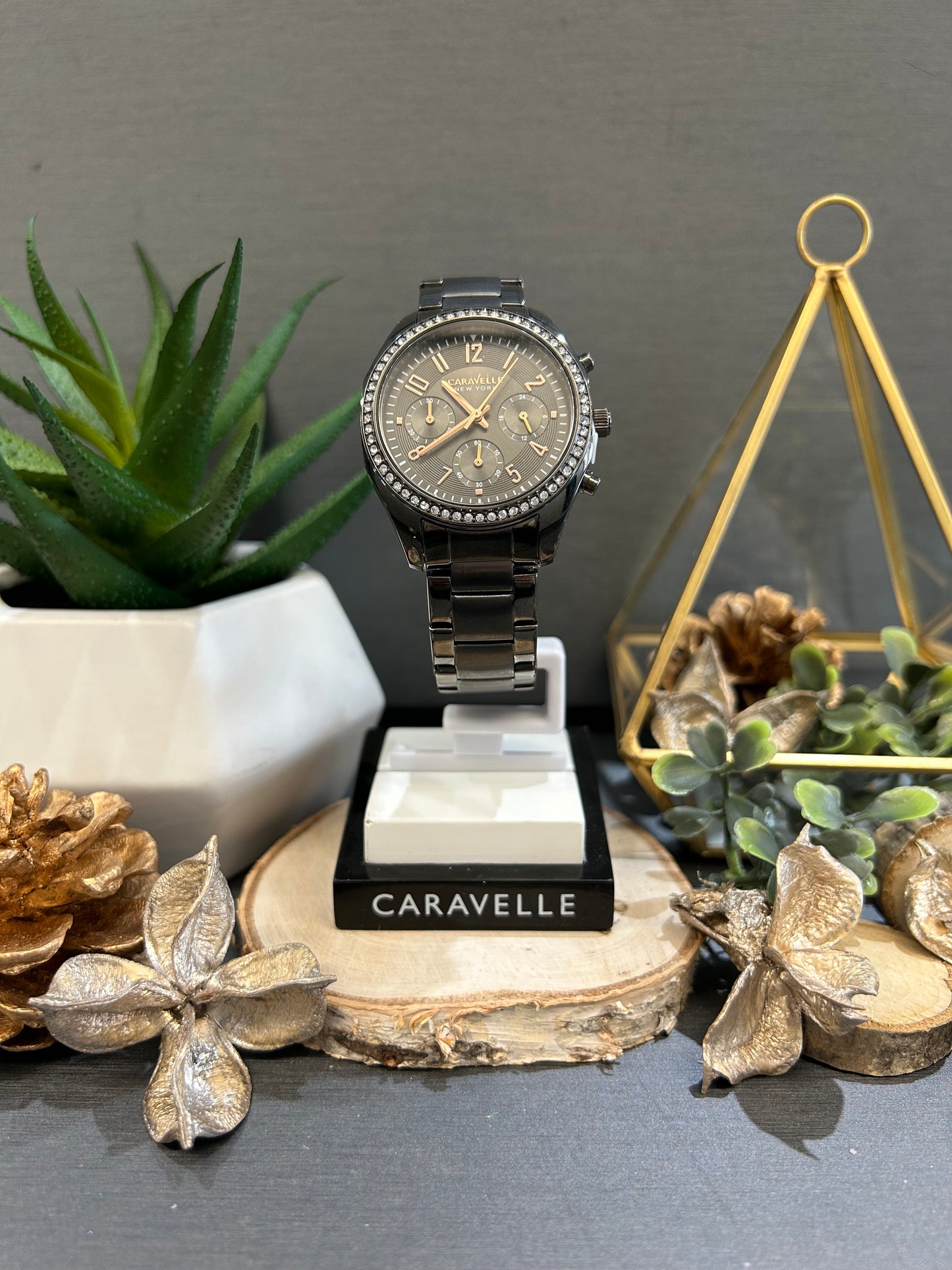 Women's Caravelle Rose Tone Dial and Crystal Accent Black Watch with Metal Band