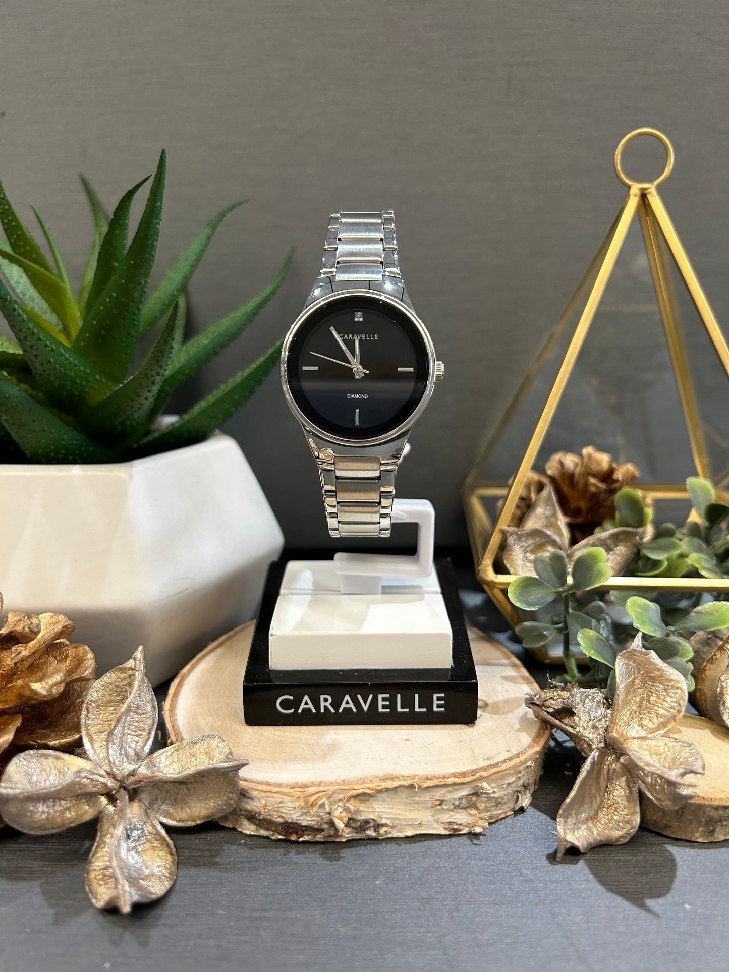 Women's Caravelle Black Watch Face and Diamond Accent with Metal Band