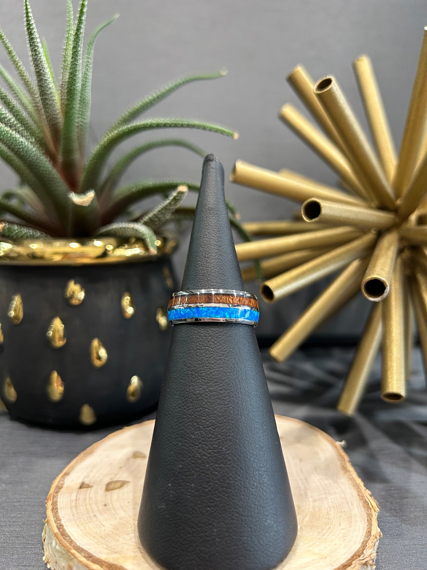 Tungsten 8mm Blue Opal Koa Wood Band